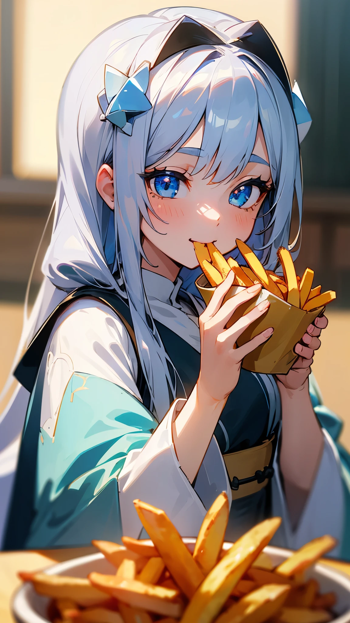 1 girl、8k、Sharp focus、(Bokeh) (highest quality) (Detailed skin:1.3) (Intricate details) (anime)、Silver Hair、Long Hair、Beautiful Blue Eyes、smile、Wearing a peasant tunic、Eating French Fries、Upper body close-up