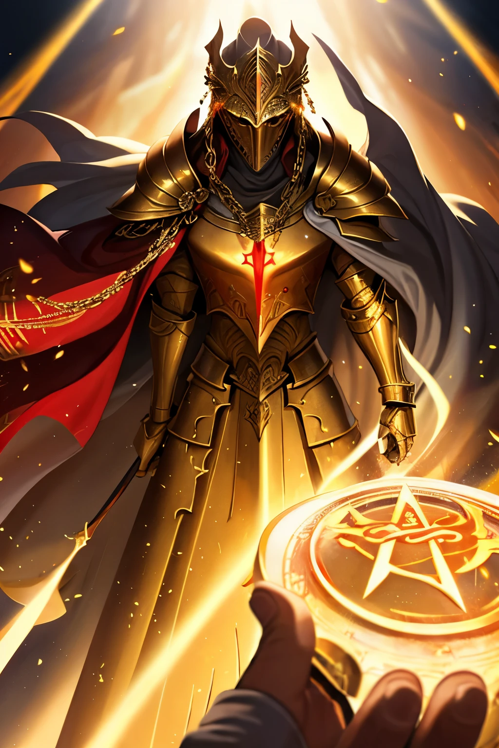 Golden knight's helmet closed, Babylon, golden fully closed knight's divine armor with a red cloak, the right hand is covered with a magical seal, red in color, glows when acitated, and releases many divine golden chains with ancient runes belonging to Gilgamesh