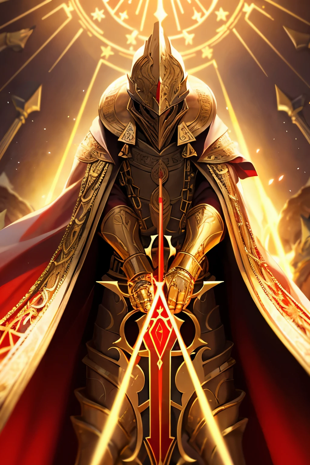 Golden knight's helmet closed, Babylon, sinister golden fully closed knight's divine armor with a red cloak, the right hand is covered with a magical seal, red in color, glows when acitated, and releases many divine golden chains with ancient runes belonging to Gilgamesh