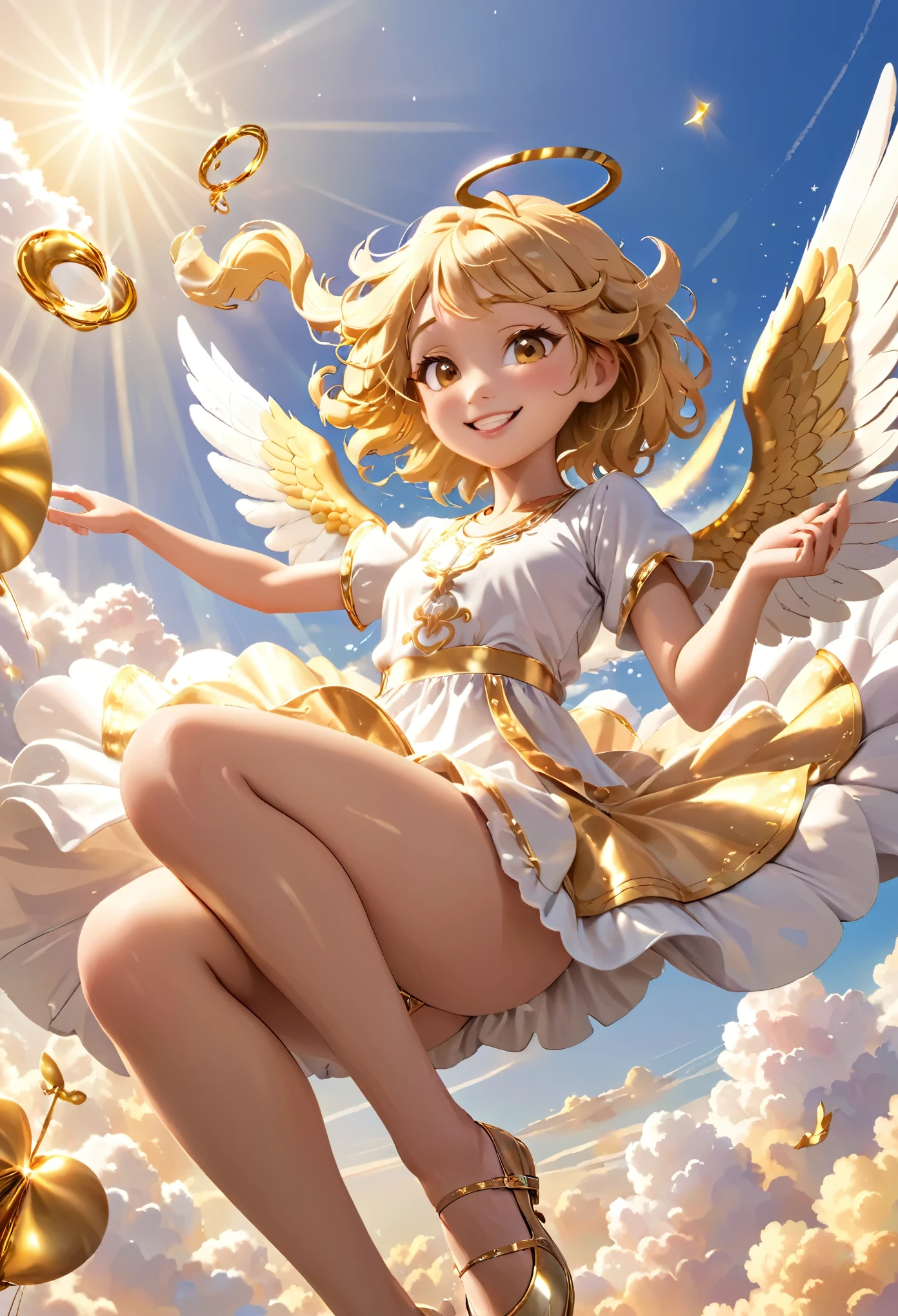 It looks like your fortune will go up、3D image of a golden angel girl。Riding on the Golden Cloud、Floating in the sky。Golden light pours down from the sky。Smiling mischievously。