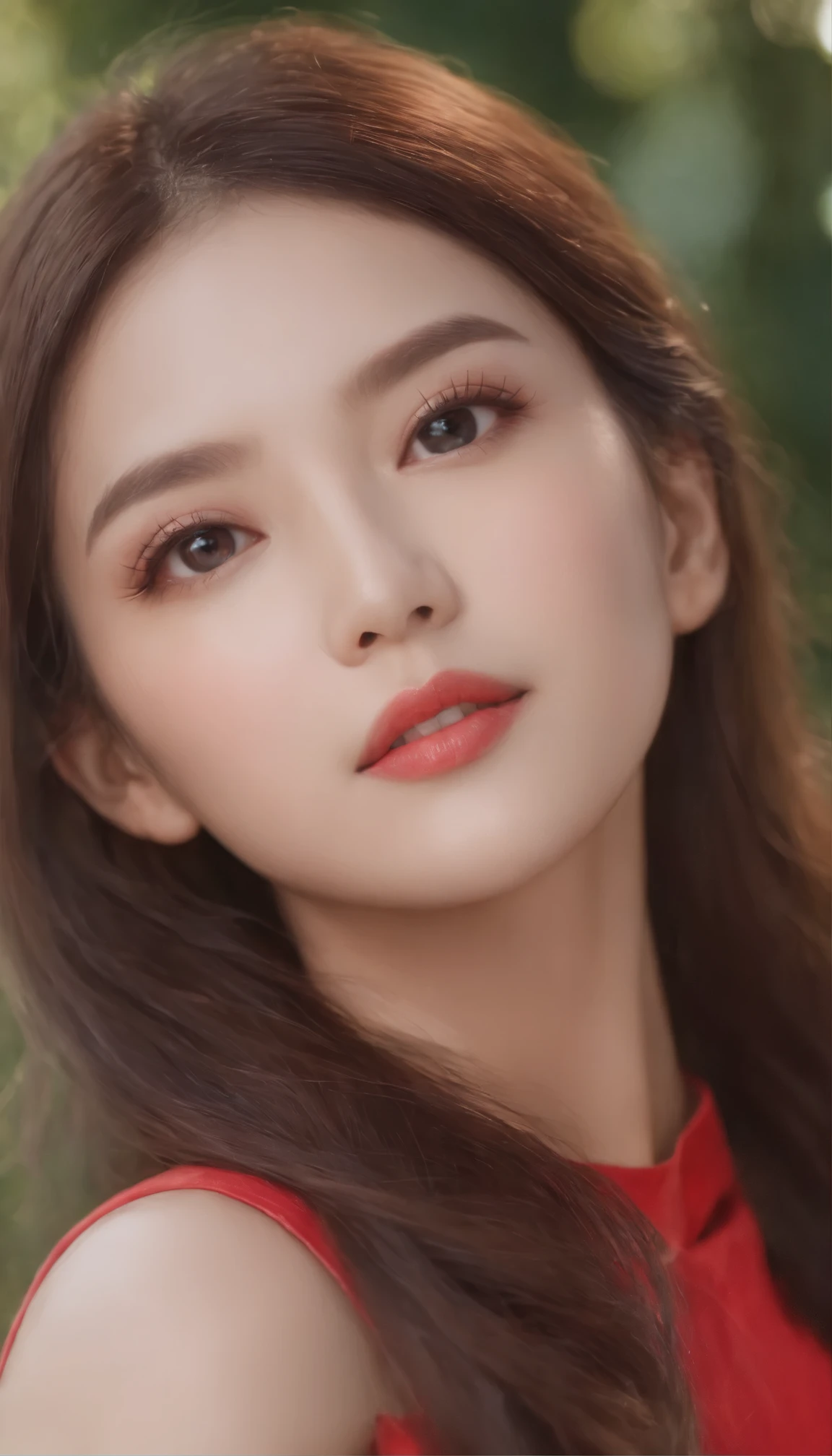(masterpiece、highest quality)、Beautiful doll images ((One girl、Woman with long flowing hair)、(Star-shaped pupil Symbol-shaped pupil、Sparkling eyes that sparkle like the night sky)、(Open mouth with attractive open-mouth smile)、(Staring straight at the viewer、A light and seductive smile plays on your lips)、(Abstract colorful background、 Create an otherworldly atmosphere with chromatic aberration、Swirling in various colors)、(A captivating portrait that exudes a sense of mystery and glamour)。A realistic figure in a red dress