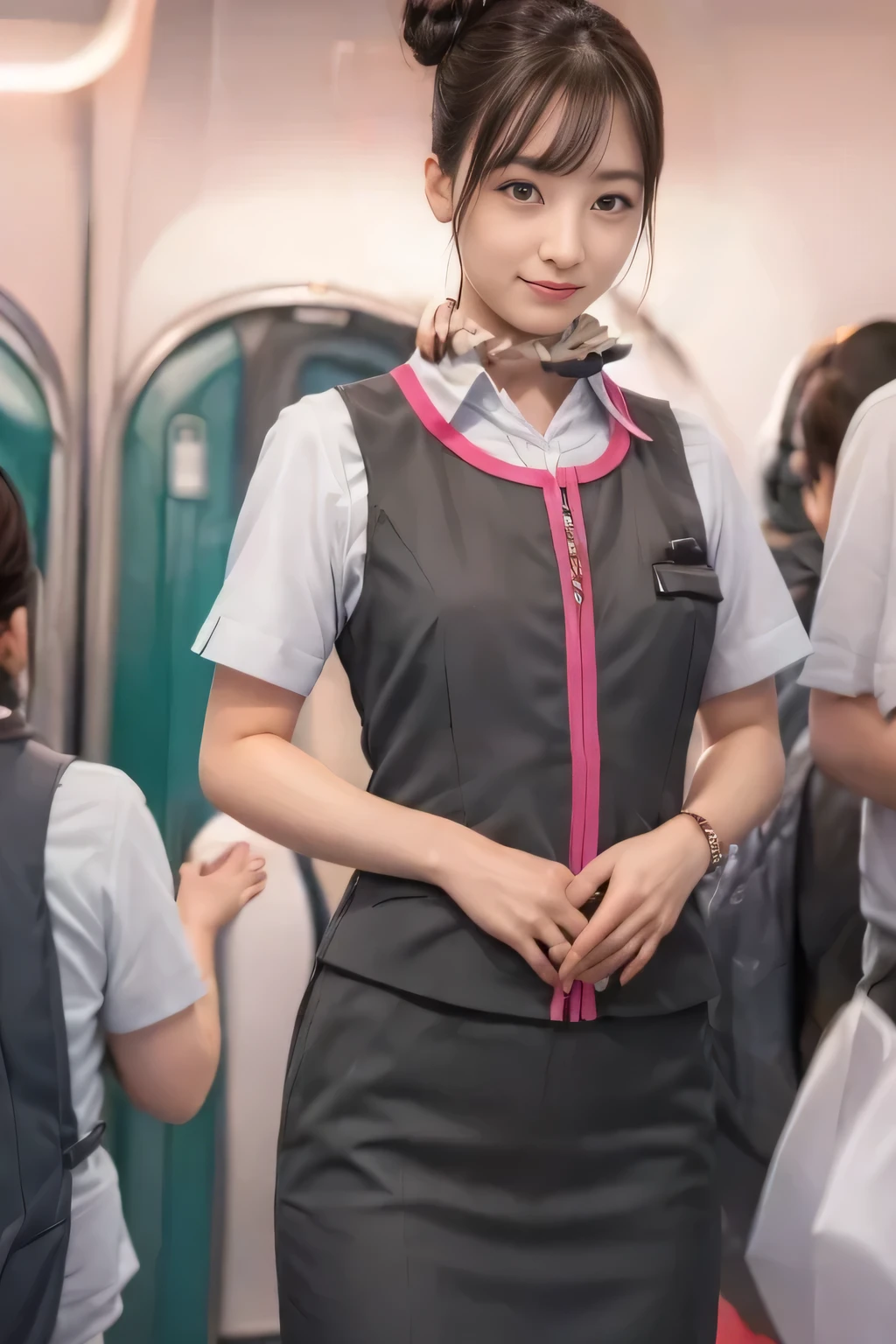 (masterpiece:1.2, highest quality:1.2), 32K HDR, High resolution, (alone、1 girl)、（At the station platform、Professional Lighting）、Background of an empty station platform、（Realistic style of JR Gran Class crew wearing uniform）、Short sleeve blouse、a scarf around the neck、（JR Gran Class flight attendant uniform with pink parts on the skirt sleeves）、（JR Gran Class flight attendant uniform with pink line on front zipper of vest）、Dark brown hair、（Hair tied up、Hair Bun、Hair Bun）、Dark brown hair、Long Shot、Big Breasts、（（Great hands：2.0）），（（Harmonious body proportions：1.5）），（（Normal limbs：2.0）），（（Normal finger：2.0）），（（Delicate eyes：2.0）），（（Normal eyes：2.0））)、Big Breasts、Luxury Necklace、smile、Beautiful standing posture,Place your hands around your stomach
