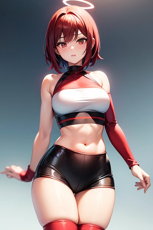 Create an anime illustration of an adorable 109cm-tall girl with black eyes, short bright-red hair, and a red-and-white sexy tech-wear, adorned with a delicate halo above her head