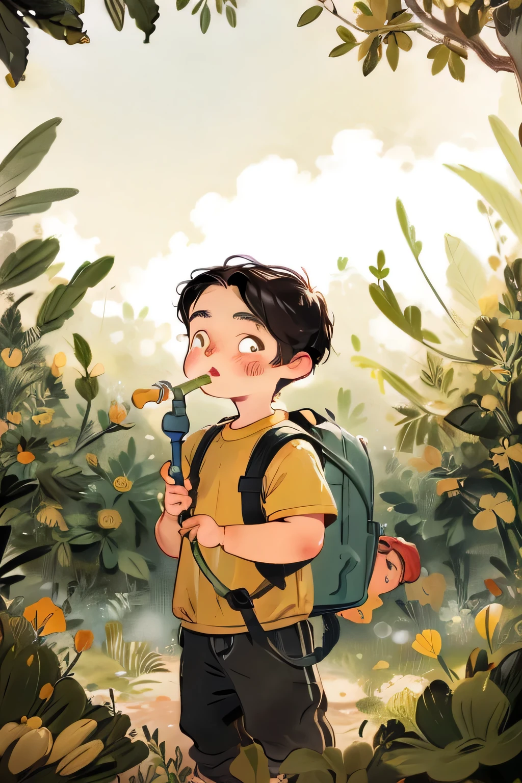 1 , backpack on back, holding watering can, watering plants, detailed face, beautiful detailed eyes, beautiful detailed lips, extremely detailed face, lush garden, green foliage, sunlight, warm lighting, golden hour, cinematic, photorealistic, 8k, high resolution, hyper detailed, masterpiece