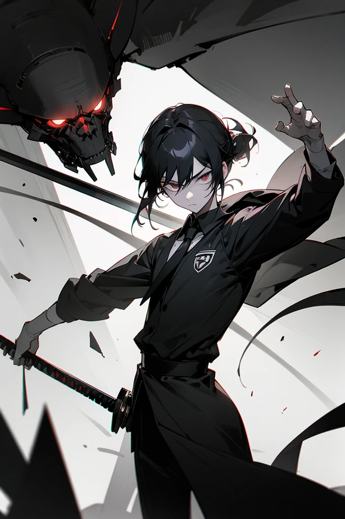 arm enterprise、Suppression Division、Combatant、male、Black Hair、cool、calm、rely on、adult、beautiful、Tie your hair up、sense of urgency、Sharp Eyes、Slender、Large、Great sword、Modern weapons、darkness、dark、melancholy、Machine-like personality、Intimidating、Expressionless、Loyal、Black theme、grayscale、Red accent color、High Contrast