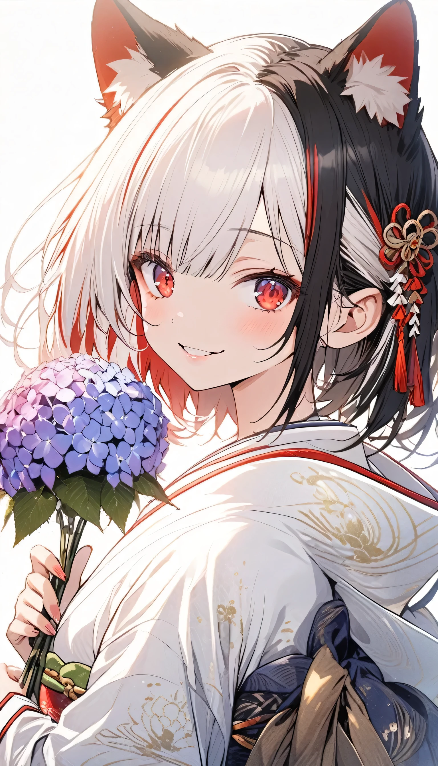 1girl, solo, looking at viewer, smile, short hair, bangs, long sleeves, holding, animal ears, standing, flower, japanese clothes, black hair, red eyes, white hair, multicolored hair, two-tone hair, tattoo, ((split-color hair)), hood, wide sleeves, kimono, white kimono, uchikake, wataboushi, background full of hydrangea flowers, upper body