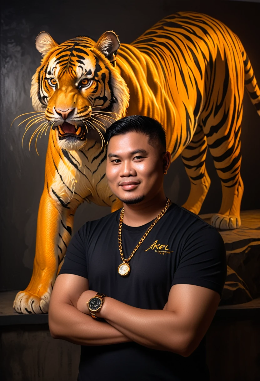 A Filipino MAN with short hair, wearing a Gold Color chain and watch, and with a small Name and Signature "Ariel Editor" on the Side and Center, He is Standing next to a huge tiger roaring at the camera. The background is black with Shadow gray and an orange light shining from the front. The image has the appearance of an oil painting.