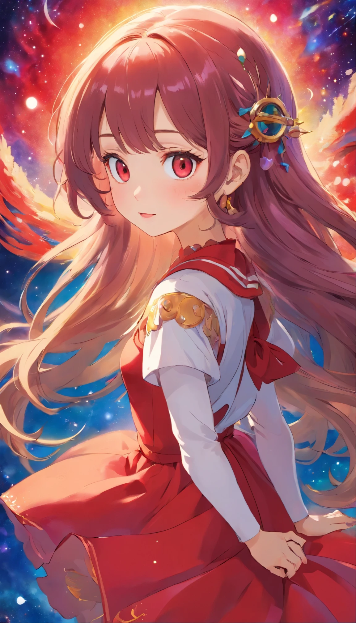 (masterpiece、highest quality)、Beautiful doll images ((One girl、Woman with long flowing hair)、(Star-shaped pupil Symbol-shaped pupil、Sparkling eyes that sparkle like the night sky)、(Open mouth with attractive open-mouth smile)、(Staring straight at the viewer、A light and seductive smile plays on your lips)、(Abstract colorful background、 Create an otherworldly atmosphere with chromatic aberration、Swirling in various colors)、(A captivating portrait that exudes a sense of mystery and glamour)。A realistic figure in a red dress