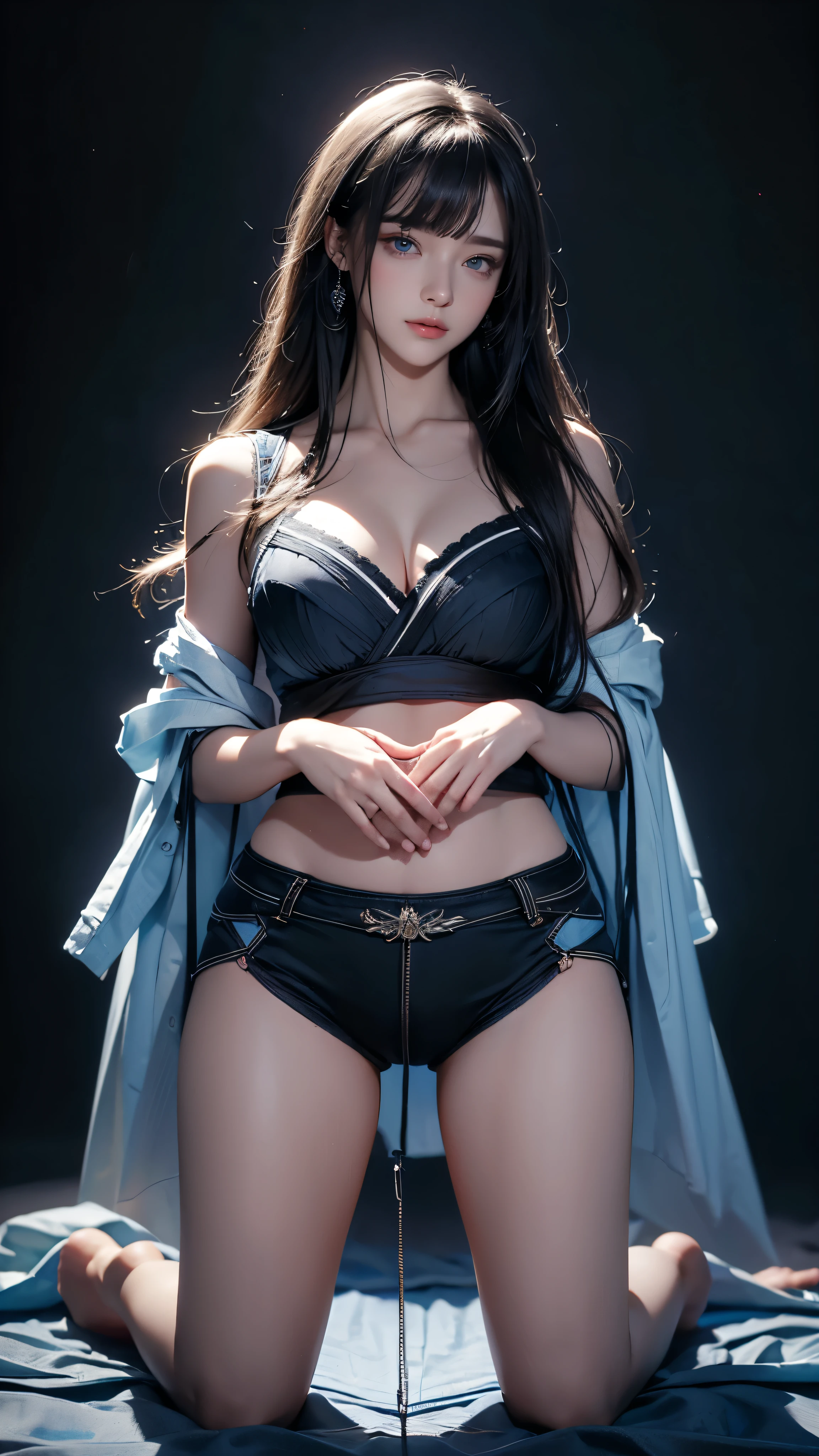 masterpiece, highest quality, Super detailed, Facing the camera, Super detailed, Realistic, Sharp features, Very detailed, Sharp focus, Perfect Face, Perfect symmetrical perfect eyes, Perfect Plump Lips, Flexible female form, Cinematic, Film Light, Super detailed, hyper Realistic, masterpiece, Atmospheric, High resolution, Vibrant, Dynamic Studio Lighting, ((Dark Background)), The expression when enduring pleasure, Straight bangs, blue eyes,Sexually aroused expression、Her black thong shorts are visible through the fabric、(((Hands restrained above head))), (((Hands hung))), (((Kneeling with your crotch open)))