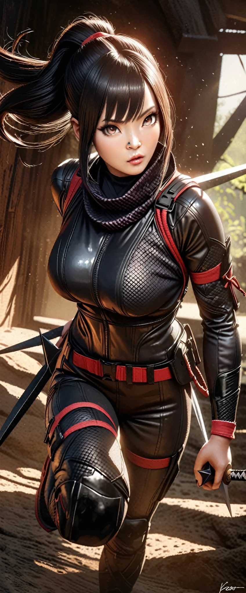 A lovely lady ninja in a tight darkly colored combat suit, highly detailed face, piercing eyes, cute nose and lips, long eyelashes, elegant ponytail, variety of bladed weapons, katana, kunai, shuriken, lurking in the shadows, stealthy movements, seeking target, photorealistic, 8k, hyper detailed, cinematic lighting, moody atmosphere, dark color palette, dramatic shadows, dynamic pose
