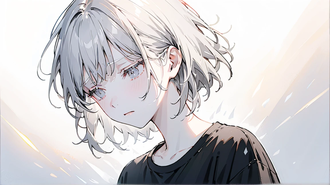 masterpiece, highest quality, ((Pure white background)), Persistence, Slim albino woman, Gray Hair, White eyelashes, White eyebrows, Cold Face, White skin, Black T-shirt, Sad expression, Lighting Effects, soft, very clearly, High-resolution images, (front)
