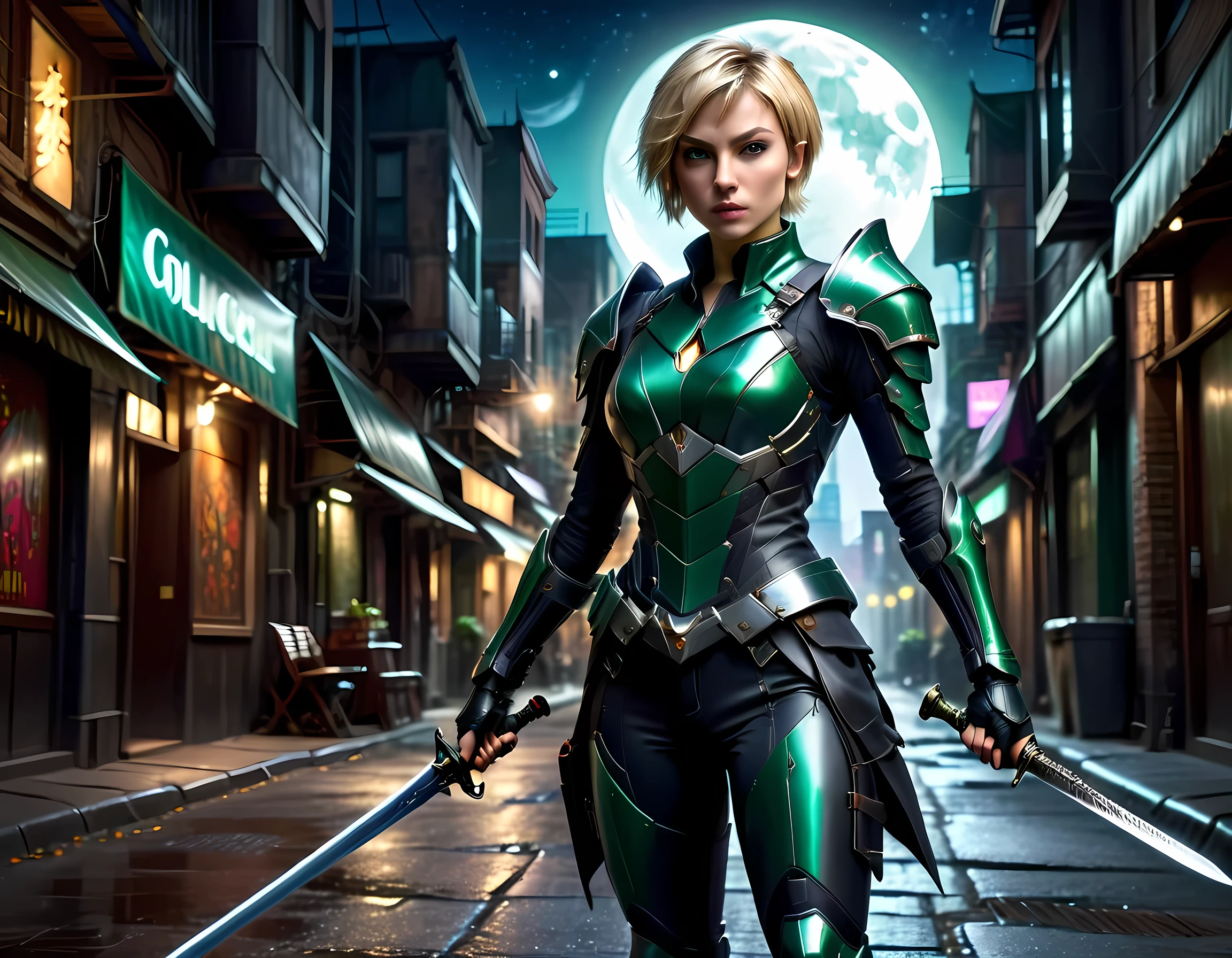 high details, best quality, 16k, [ultra detailed], masterpiece, best quality, (extremely detailed), full body, ultra wide shot, photorealistic, a picture of a woman assassin ready to combat in a dark alley, she holds a sword in hand, exquisite beautiful woman, she has pixie cut blond hair, emerald green eyes, she wears a tight leather suit, the suit has mecha gadgets, dynamic color suit, she kneels in fantasy dark street of fantasy setting city, its night time, the moon is high in the sky, many stars in the night, high details, best quality, highres, ultra wide angle, DonMN1gh7XL, cybrk