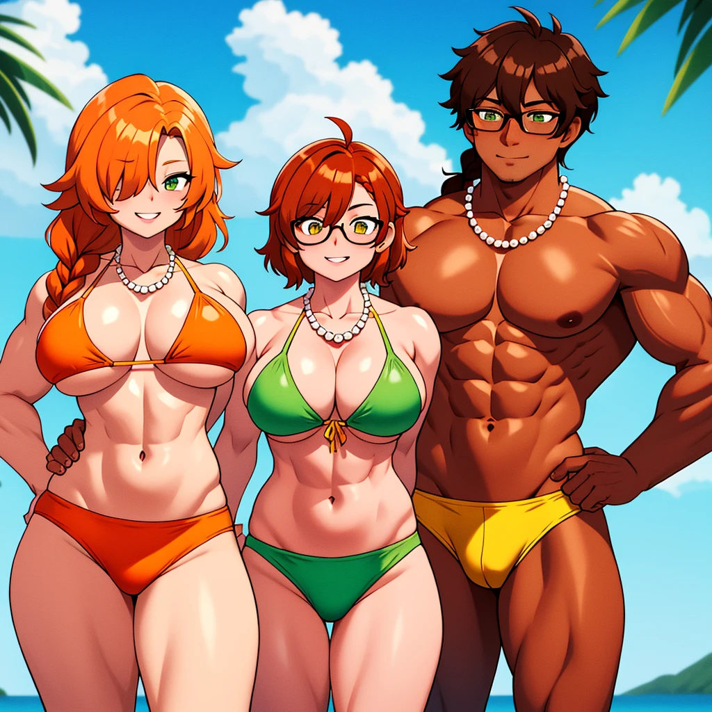 Group of three women in a park, big breasts, each wearing a different colored bikini ,(The first: glasses, yellow eyes, brown hair,Long hair,red bikini.)(the second: green eyes, brown skin, white hair with a braid,yellow bikini.)(the third: short and fluffy hair, orange hair,hair over eyes, pearl necklace,Green bikini.), muscular,body builders.