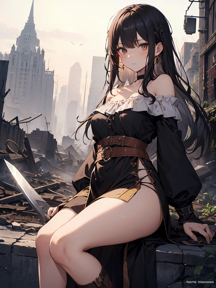 ((absurdres absolutely resolution, Masterpiece,Best quality,Ultra-detailed)), beautifull detailed face, detailled eyes, End of the century worldview, 1 girl , Perfect Fingers, cute face, Sad face, Brown eyes, black hair, long hair, Silver Armor, Gauntlet, ((Thighs, off shoulder dress, no sleeve)),  Leggers, In the ruined city, The dust rises, dim, carry a sword on one's waist, Arms crossed, upright