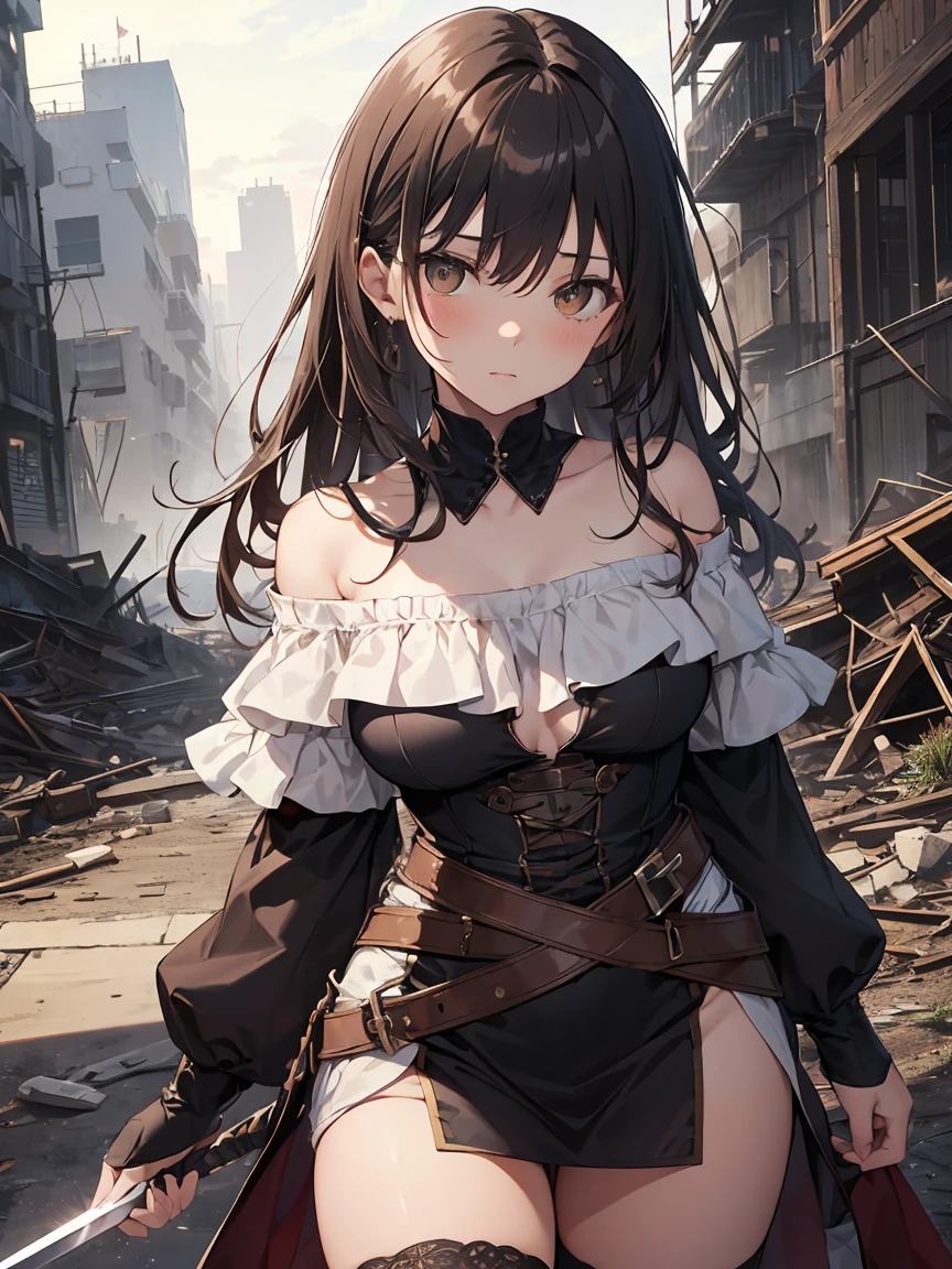 ((absurdres absolutely resolution, Masterpiece,Best quality,Ultra-detailed)), beautifull detailed face, detailled eyes, End of the century worldview, 1 girl aged 13, Perfect Fingers, cute face, Sad face, Brown eyes, black hair, long hair, Silver Armor, Gauntlet, ((Thighs, off shoulder dress, no sleeve)), Leggers, In the ruined city, The dust rises, dim, carry a sword on one's waist, Arms crossed, upright