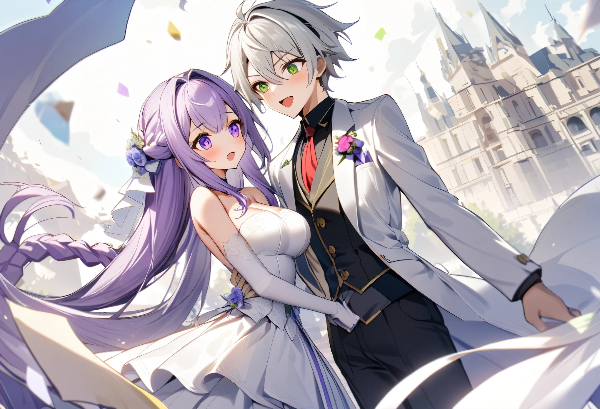 yinji,1 Girl,purple_hair,purple_Eye,White_Wedding dress,Very_long_hair,grey_hair,Braided_Ponytail,Large target_breast,slope_hair,1 Boy,White_hair,green_Eye,Proposal,