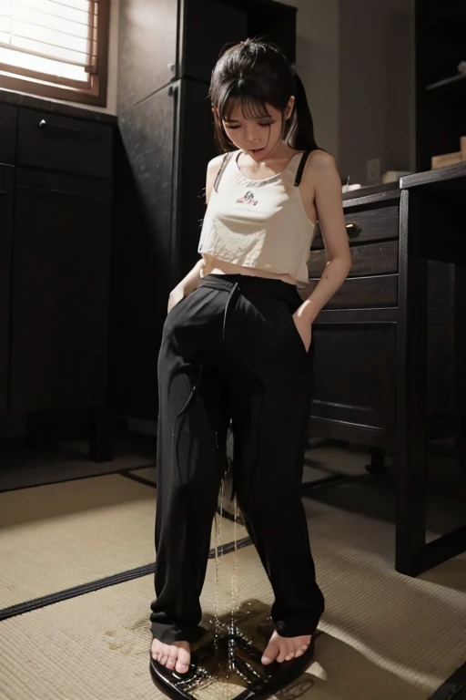Japanese Girl sees the ghost and pees her black palazzo pants until her pants are wet in fright.