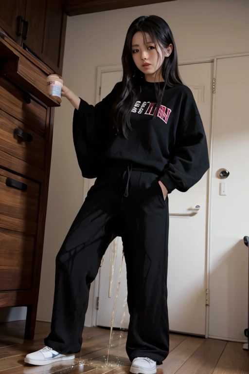 Japanese Girl sees the ghost and pees her black palazzo pants until her pants are wet in fright.