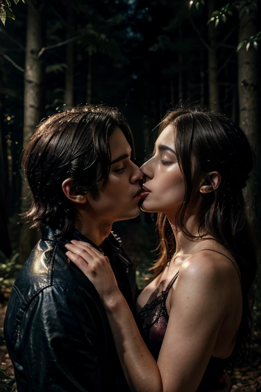A female angel is kissing passionately a male demon, passion, love, very beautiful, highly detailed, 4k resolution, masterpiece,night forest scenario,digital art