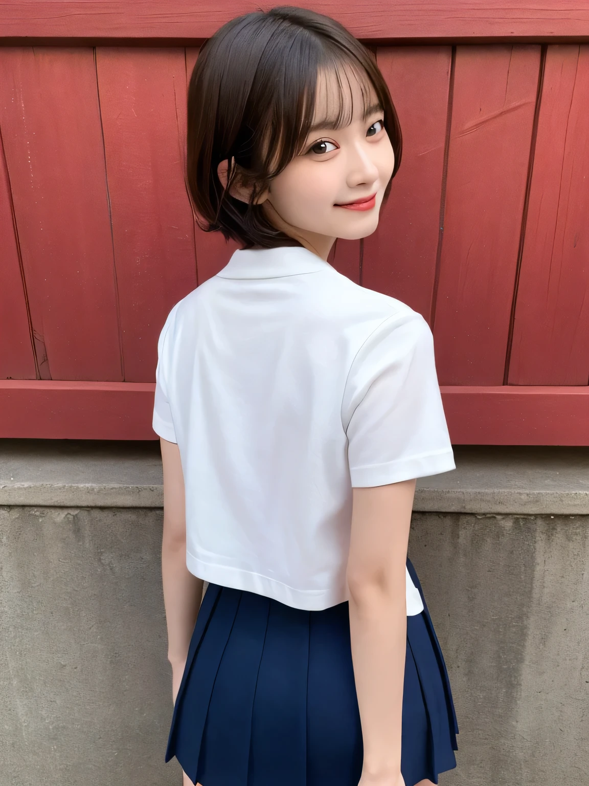 In detail,Full body photo、Blonde、 One high school girl、High resolution, high quality、Slim body、Perfect dynamic composition, Beautiful fine details, Short Hair、Natural color lip,Kamimei、、Clear Skin、Navy blue sailor suit with short sleeves、Green mini skirt、Thighs、Shiny Hair、最high quality, figure, Very detailed, In detail, High resolution, 8k、The correct state of the human body、Sculpture model pose,Red Wall,Looking at the viewer with his back turned、Thighs are visible、smile、