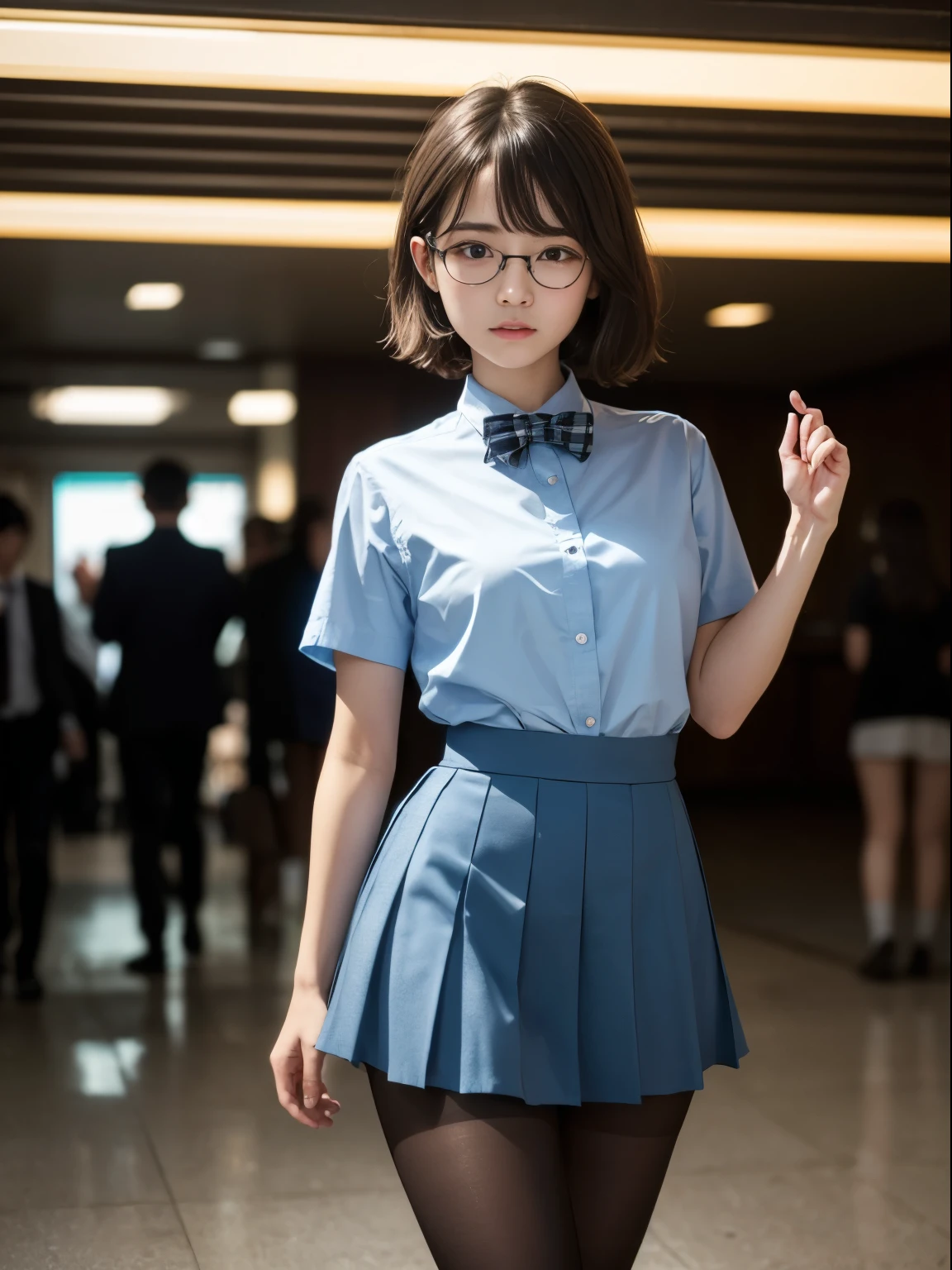 (8K、RAW shooting、Highest quality、masterpiece:1.2),Short Bob、strong、Erotic,pupil,Kune,(Black Pantyhose),Disorganized,Small face,,Flat chest,Parting the bangs from the middle、The forehead is visible,(Cold look,Tight eyes,Glare,strong,Are thin,File crying,irascible)、masterpiece,Highest quality,Ultra-high resolution,生photograph,Benevolence,Beautiful shit,one person, solo,Glasses,,Dark look、Small breasts、丸Glasses、cute、JK、high school girl、Japanese women、Are standing、(PhotoReactive:1.37)、Photon Mapping、Realistic、Cute little face、Brown eyes、Black socks、(Red bow tie)、Radio City、Physically Based Rendering、prospect、Depth of written boundary、Blurred Background、photograph、girl、body、Beautiful feet、Long legs、Thin legs、(I can see the bangs)、 hair、lips、Blue_The目、nose、(Light blue shirt)、(Navy and blue checkered pleated skirt)、I can see your knees、See-through clothing、Thighs、Black cotton socks、Nogizaka Idol、、Japanese Ido