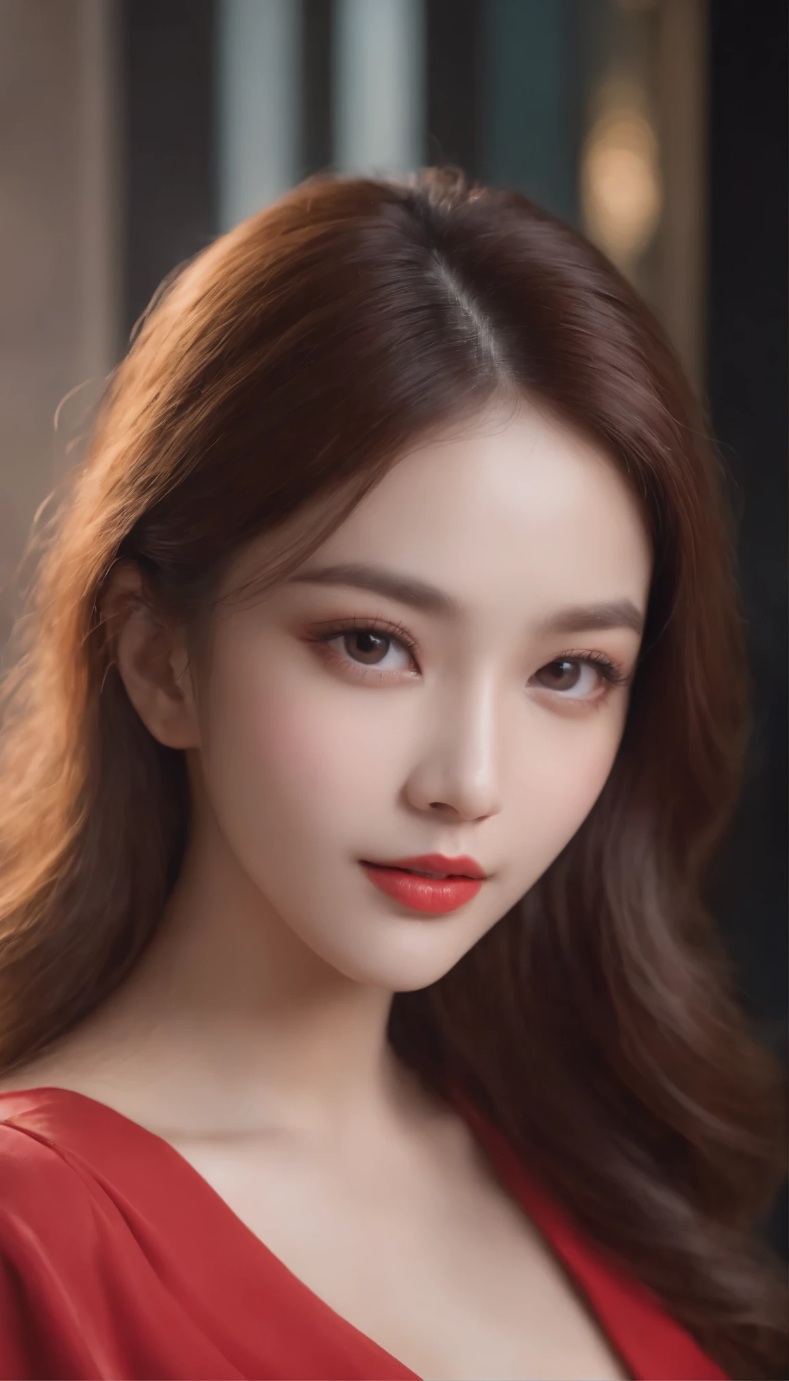(masterpiece、highest quality)、Beautiful doll images ((One girl、Woman with long flowing hair)、(Star-shaped pupil Symbol-shaped pupil、Sparkling eyes that sparkle like the night sky)、(Open mouth with attractive open-mouth smile)、(Staring straight at the viewer、A light and seductive smile plays on your lips)、(Abstract colorful background、 Create an otherworldly atmosphere with chromatic aberration、Swirling in various colors)、(A captivating portrait that exudes a sense of mystery and glamour)。A realistic figure in a red dress