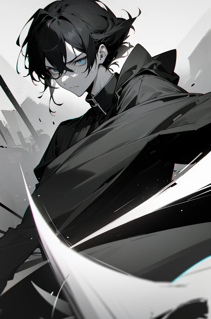 arm enterprise、Suppression Division、Combatant、male、Black Hair、cool、calm、room、rely on、adult、beautiful、Tie your hair up、sense of urgency、Sharp Eyes、Slender、Large、Great sword、Modern weapons、darkness、dark、melancholy、Machine-like personality、Intimidating、Expressionless、Loyal、Black theme、grayscale、Red accent color、High Contrast