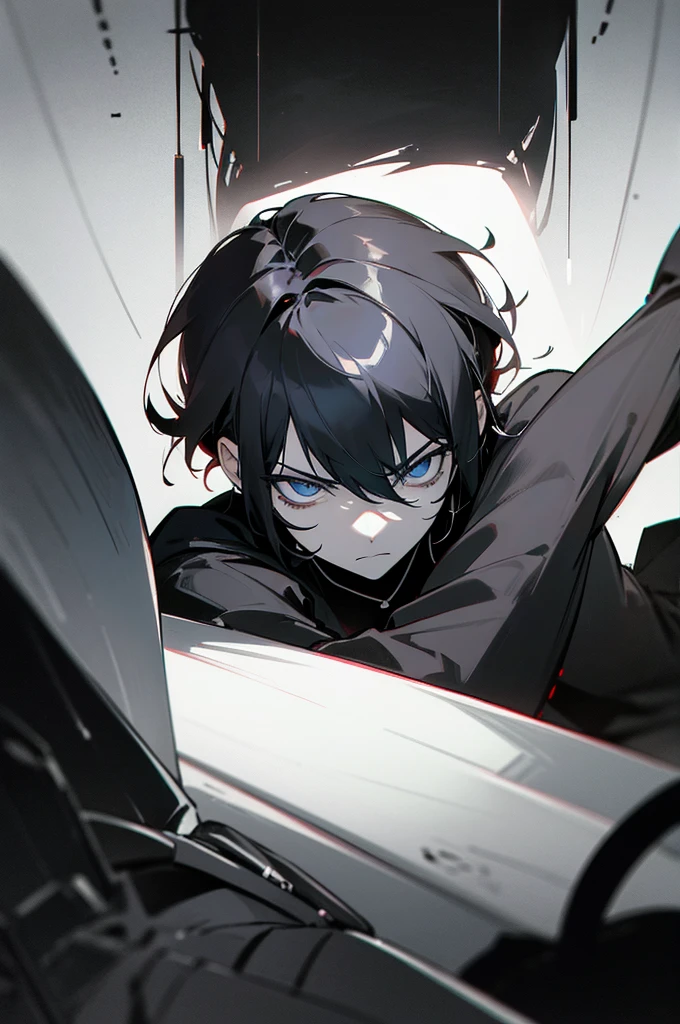 arm enterprise、Suppression Division、Combatant、male、Black Hair、cool、calm、room、rely on、adult、beautiful、Tie your hair up、sense of urgency、Sharp Eyes、Slender、Large、Great sword、Modern weapons、darkness、dark、melancholy、Machine-like personality、Intimidating、Expressionless、Loyal、Black theme、grayscale、Red accent color、High Contrast