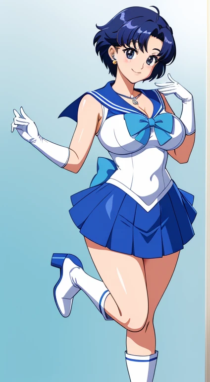 Top quality、masterpiece、rexisting:of、Sailor Suit、Anime Girl、Which is Mizuno?、Sailor Mercury、独自of、Blue sailor collar、Sky 藍色of bow tie、skirt、Magic Boy、蓝眼睛of女孩 ( (((Large Breasts、Breast sagging、Low-cut，Cleavage ，Wide hips,)))((Long legs)),Hourglass figure)))、a 藍色of skirt、bow、Jewelry、白色of glove、elbowgloves、Very short 藍色of-haired boy、White tights、high leg jumpsuit、White dress、ear nipple ring、ring、Blue knee-length boots、blue high heel boots、Blue necklace、Smile、a miniskirt、pleexistedskirt、Boy Station、Watching_exist_Viewer、retreat_bow、藍色of_bow、sky 藍色of_bow、白色of_bow、slope_retreatground、close_Mouth、裸露of肩膀、Bare Legs、(1990s\(style\):0.9)