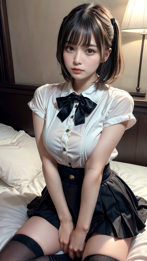 masterpiece, best quality, illustration, Super detailed, fine details, High resolution, 8K,wall paper, perfect dynamic composition,(Details High quality, realistic depiction of eyes:1.3), (collared shirt:1.1), pleated skirt, knee high socks, Lying down, large breasts, expresses the roundness and softness of your chest, short bob hair, black hair color, Big Natural Color Lip, bold sexy pose, (perfect body shape), crying a little、cold gaze, Harajuku style、20 year old girl、cute type、ta、beautiful legs, hotel room, hposing Gravure Idol, Voluptuous thighs
