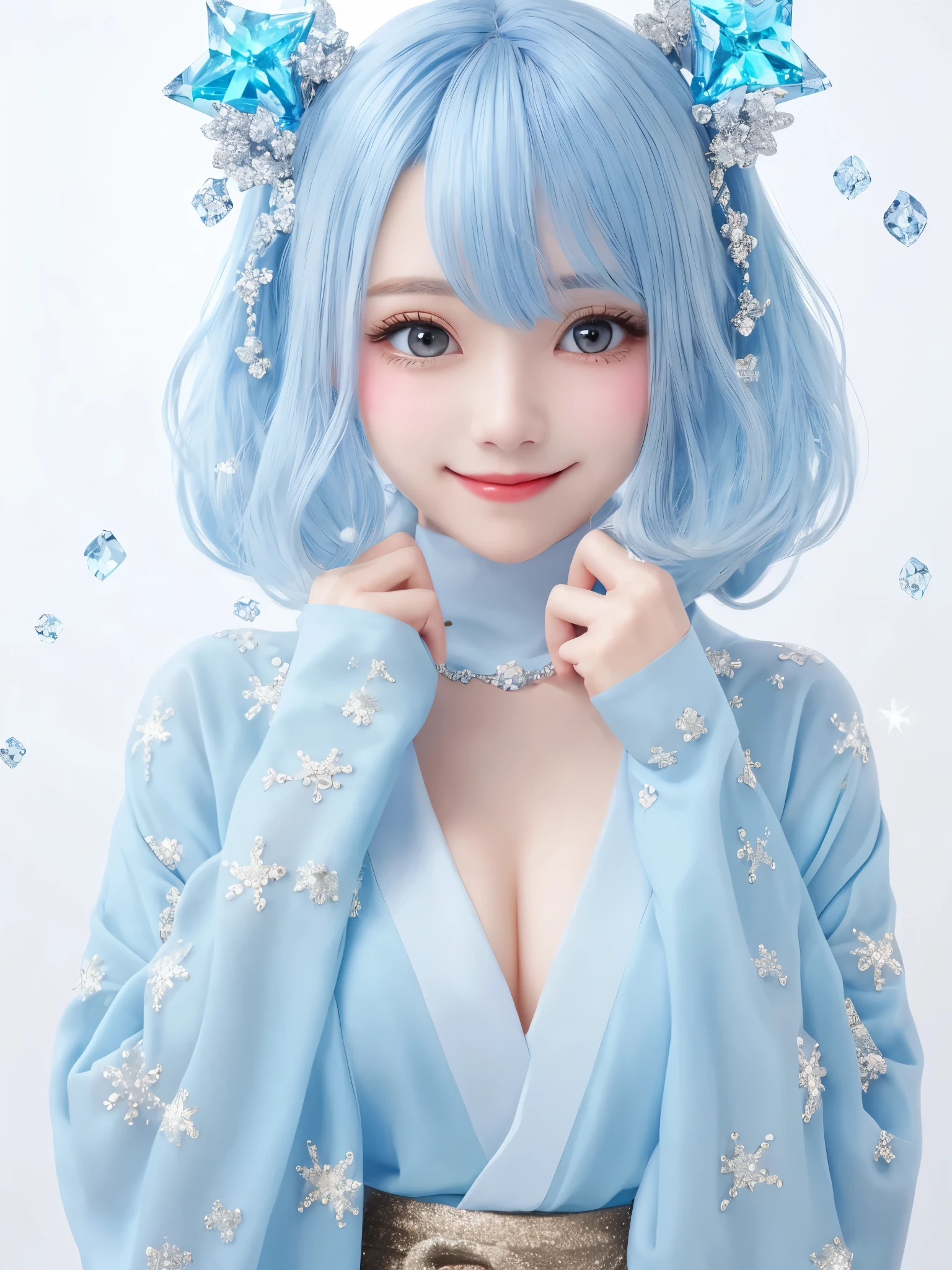 One beautiful girl, alone, Ice blue hair, Hair on one eye, Virtual YouTuber, whole body, chest, White Background, Simple Background, Long Hair, kimono,pastel colour,View Viewer,Cute sparkly eyes,detailed,Idle smile, Cute,Long sleeves,Long sleeve, Ice blue crystal,Sparkling diamond pattern snow background
