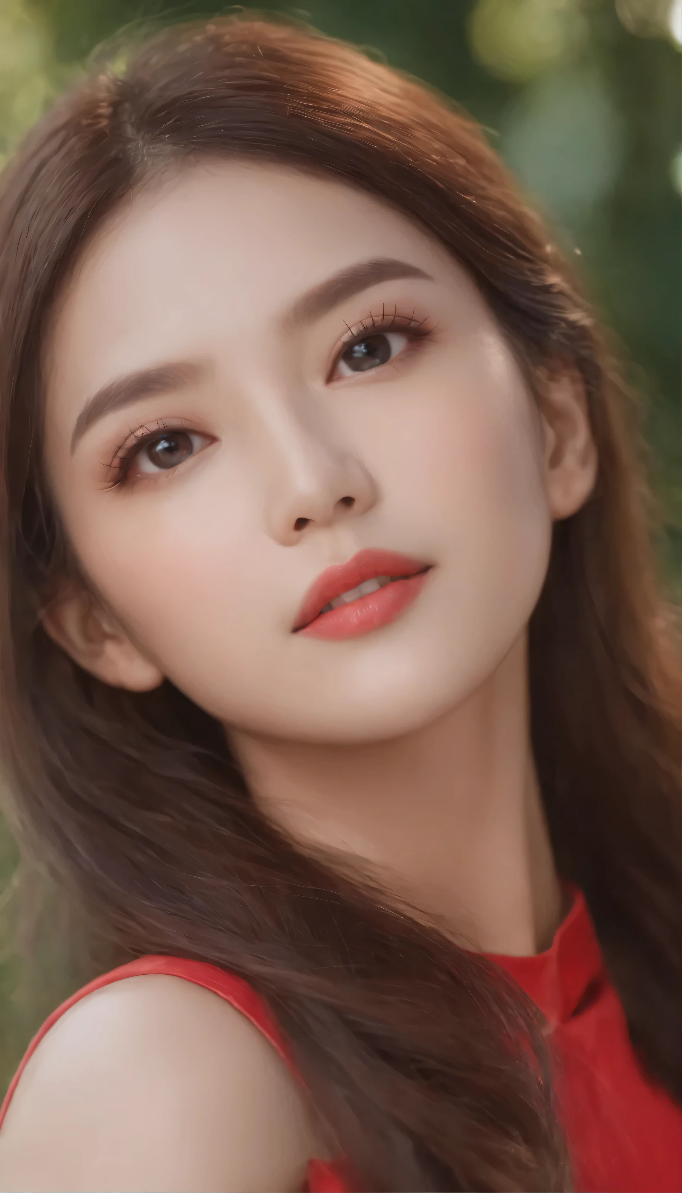 (masterpiece、highest quality)、Beautiful doll images　((One girl、Woman with long flowing hair)、(Star-shaped pupil　Symbol-shaped pupil、Sparkling eyes that sparkle like the night sky)、(Open mouth with attractive open-mouth smile)、(Staring straight at the viewer、A light and seductive smile plays on your lips)、(Abstract colorful background、 Create an otherworldly atmosphere with chromatic aberration、Swirling in various colors)、(A captivating portrait that exudes a sense of mystery and glamour)。A realistic figure in a red dress