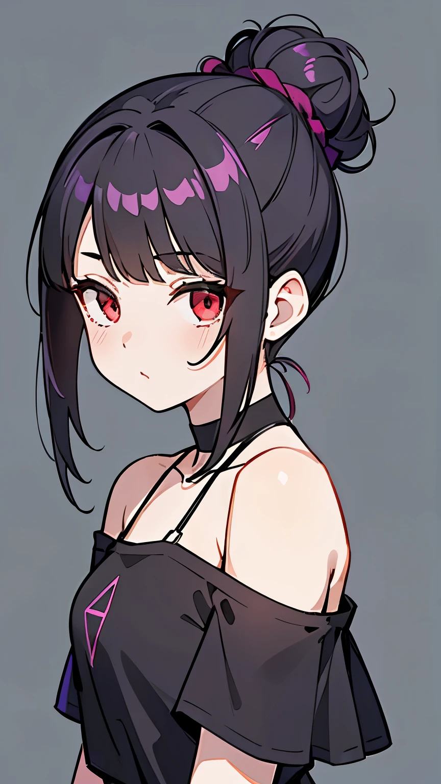 (Girl1,triangle face,red eyes),(black hair,top Knot hairstyle),(purple t-shirt off-the-shoulder neckline,short skirt),standing,white wallpaper,Highly detailed ,8K wallpapers،Highest quality, high resolution, beautiful lighting, detailed shadow,high resolution،highly detailed,detailed faces and eyes,realistic eyes