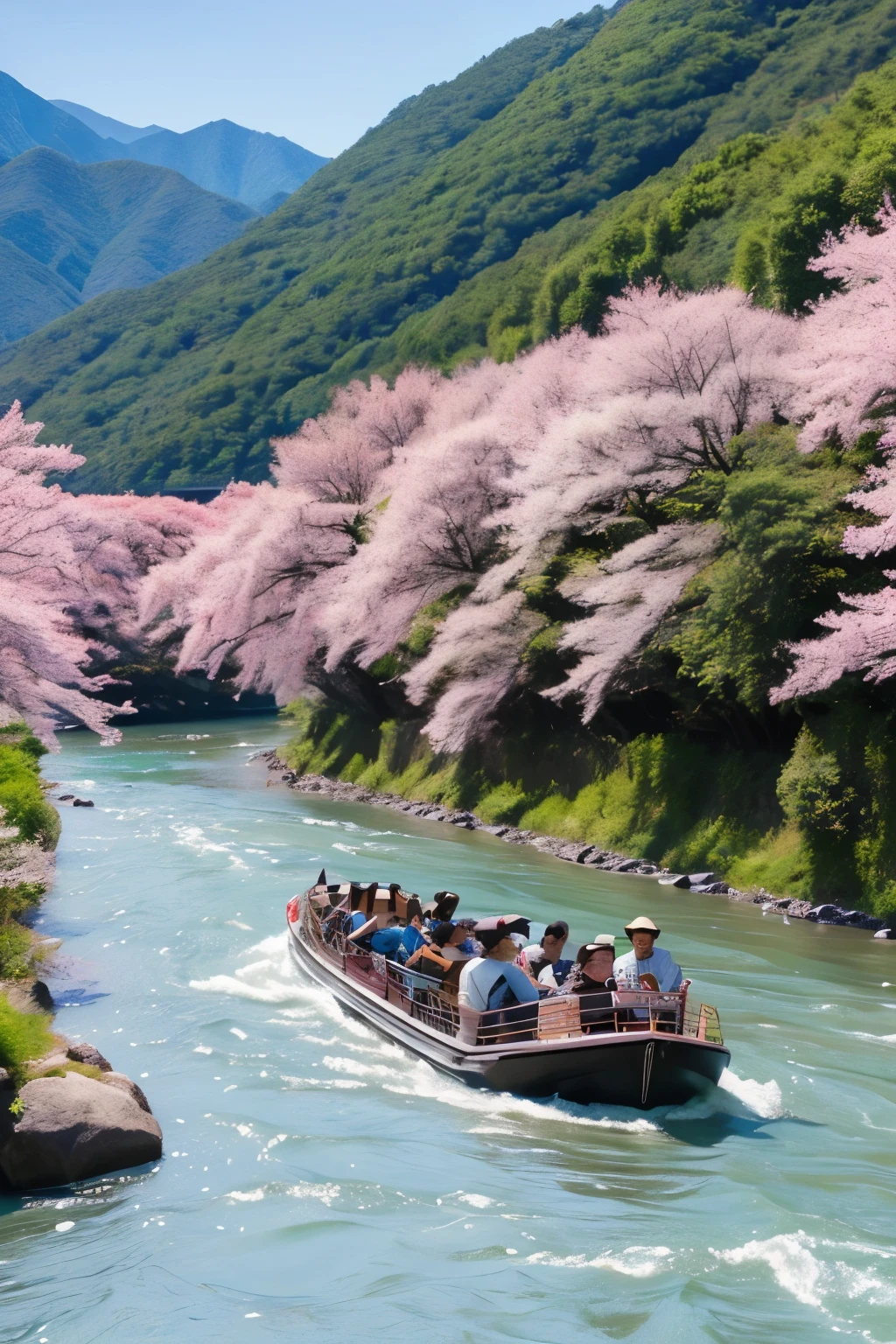Hozugawa River Cruise: Take a boat ride down the 16km from Kameoka to Saga「Hozugawa River Cruise」teeth、This is a tourist activity where you can enjoy the beautiful scenery dotted with rapids and huge rocks.。春teeth桜、Close-up、