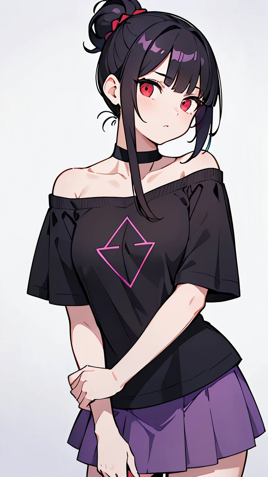 (Girl1,triangle face,pink eyes),(black hair,messy bun hairstyle),(red t-shirt off-the-shoulder neckline,mini skirt),standing,white wallpaper,Highly detailed ,8K wallpapers،Highest quality, high resolution, beautiful lighting, detailed shadow,high resolution،highly detailed,detailed faces and eyes,realistic eyes