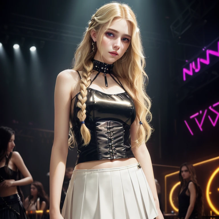 (((medium full shot))), (photorealistic, photorealism, best quality, ultra-detailed:1.3), (nice hands, perfect hands), official art, cinematic light, (1girl:1.3), (delicate detailed), (intricate details), octane render, detailed glow, ambient occlusion, ambient light, detailed face, beautiful face, RAW photo, (tele effect:1.2), dim lit, (medium breasts, skinny:1.2), (punk style:1.2), long hair, braided hair, (wavy hair:1.1), (blond hair:1.1), (oily hair:0.8), (makeup:1.1), beauty marks, (in nightclub:1.2), (tubetop and skirt)