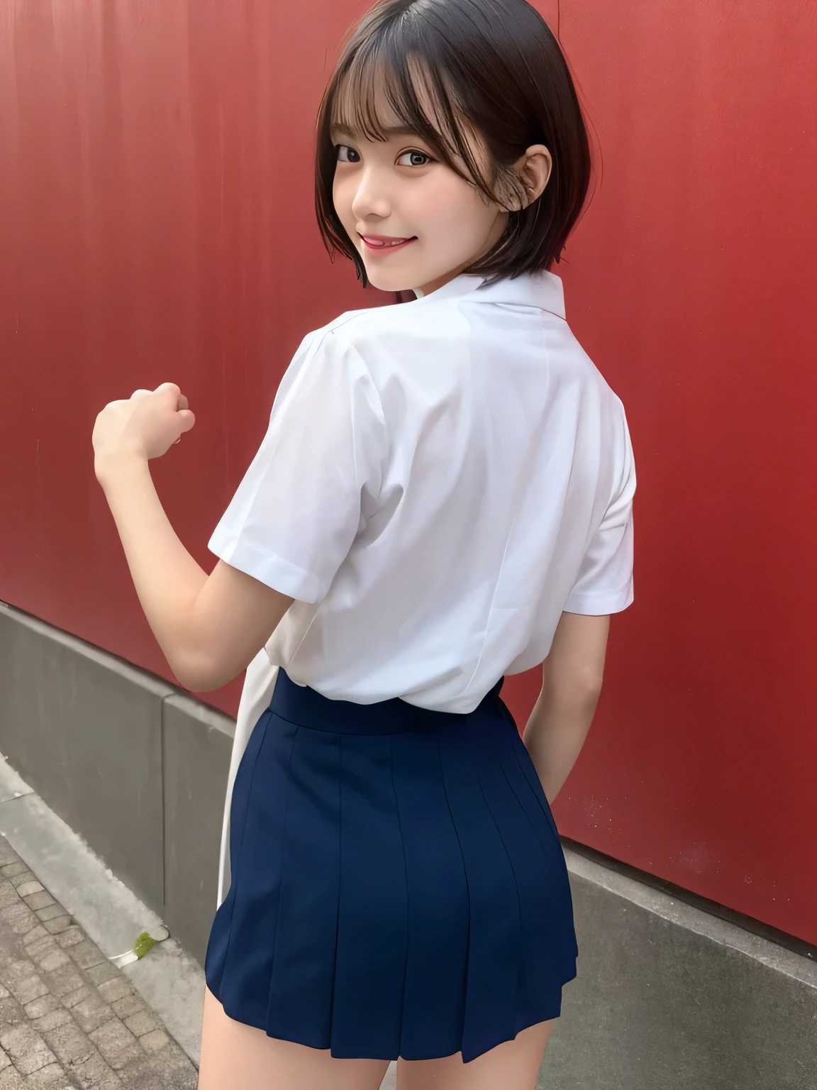 In detail,Full body photo、Blonde、 One high school girl、High resolution, high quality、Slim body、Perfect dynamic composition, Beautiful fine details, Short Hair、Natural color lip,Kamimei、14-year-old girl、Clear Skin、Navy blue sailor suit with short sleeves、Green mini skirt、Thighs、Shiny Hair、最high quality, figure, Very detailed, In detail, High resolution, 8k、The correct state of the human body、Sculpture model pose，Red Wall,Looking at the viewer with his back turned、Thighs are visible、smile、