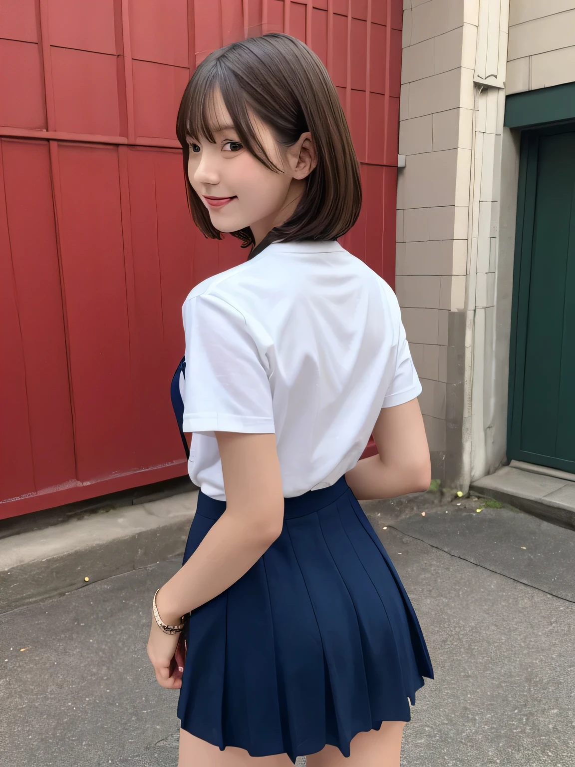In detail,Full body photo、Blonde、 One high school girl、High resolution, high quality、Slim body、Perfect dynamic composition, Beautiful fine details, Short Hair、Natural color lip,Kamimei、14-year-old girl、Clear Skin、Navy blue sailor suit with short sleeves、Green mini skirt、Thighs、Shiny Hair、最high quality, figure, Very detailed, In detail, High resolution, 8k、The correct state of the human body、Sculpture model pose,Red Wall,Looking at the viewer with his back turned、Thighs are visible、smile、