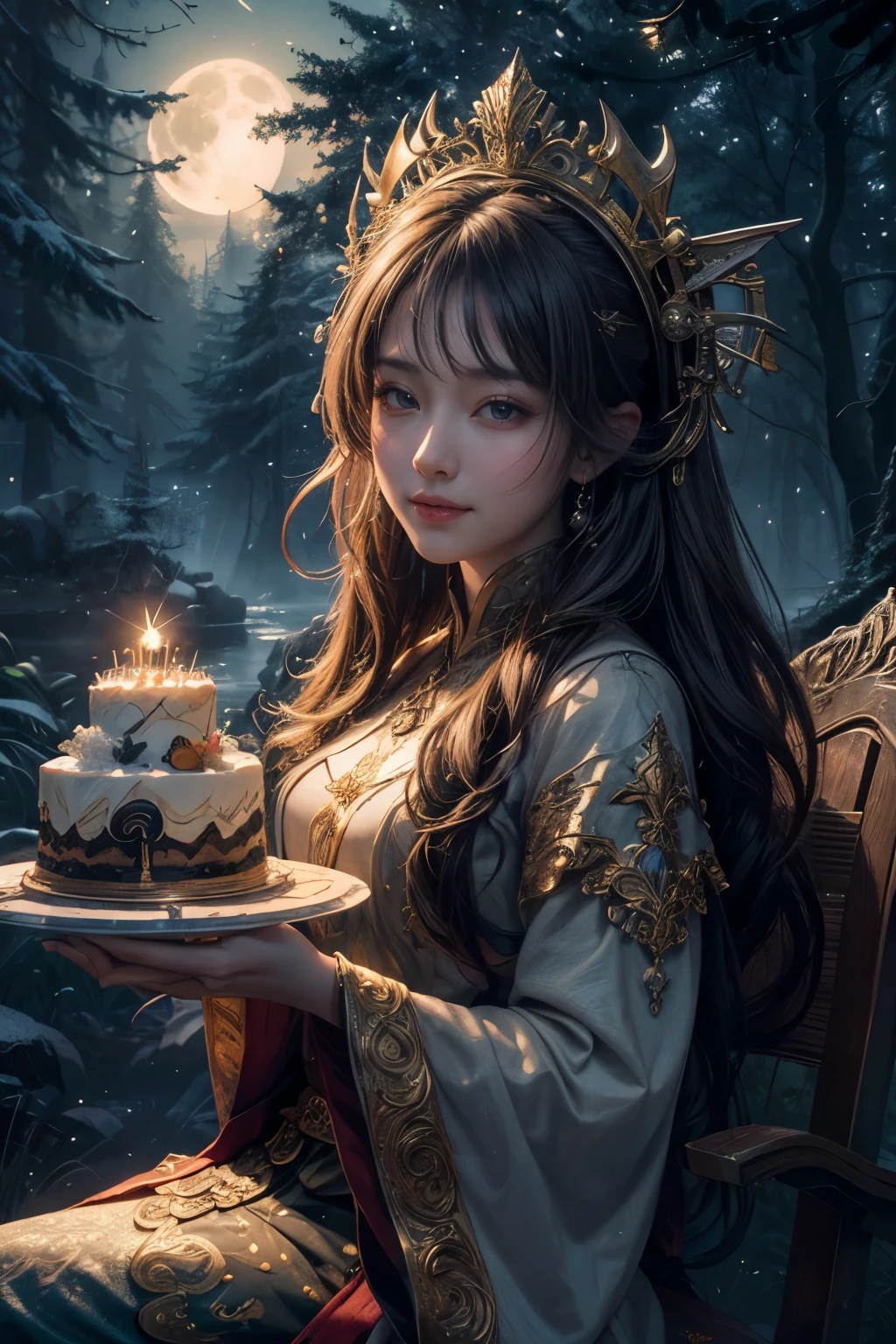 highest quality, 4K wallpaper, masterpiece, Highly detailed CG Unity 8k wallpaper, Very fine grain, Super detailed, Intricate details, Fantasy, Portraiture, Mythical Forest, night, Cloudy, full moon, planet, rainbow, Outdoor,
One girl, smile, Have a cake, happy birthday, Fantasy, Dragon