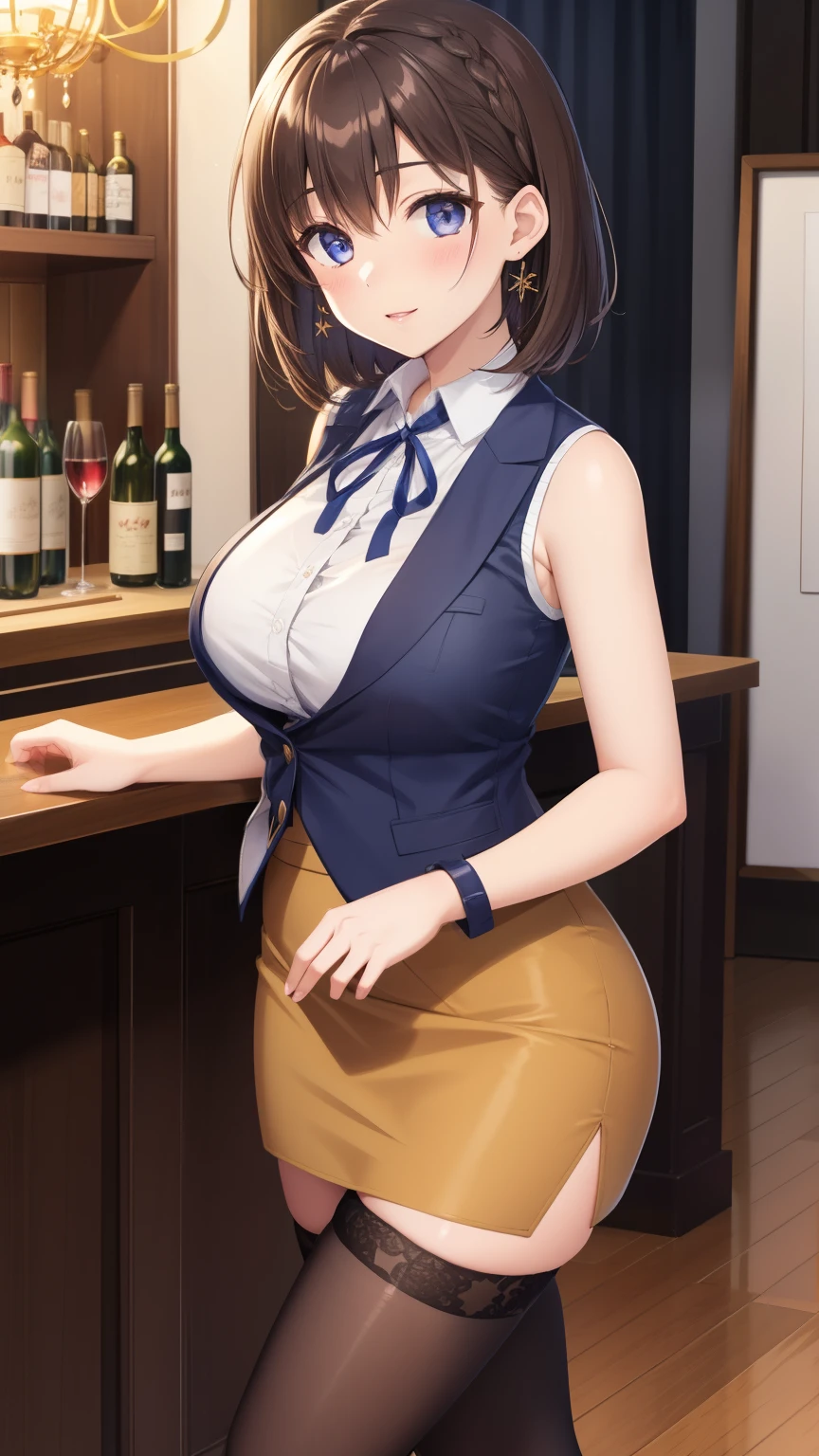 1girl, natural lighting, masterpiece, highly detailed, illustration, game CG, absurdres, high quality, aichan, large breasts, beautiful detailed eyes, short brown hair, side braid, collarbone, waistcoat, short pencil skirt, thigh highs, sleeveless, neck ribbon, hostess club, wine bar, welcoming