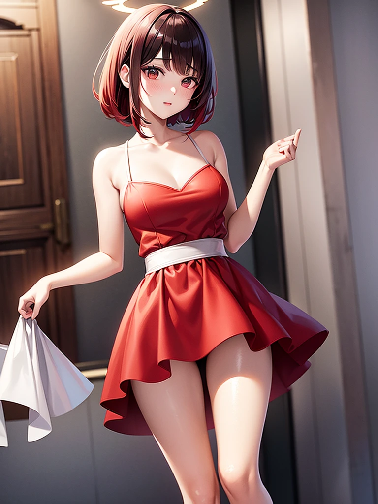 Create an anime illustration of an adorable 109cm-tall girl with black eyes, short bright-red hair, and a red-and-white sexy dress, adorned with a delicate halo above her head