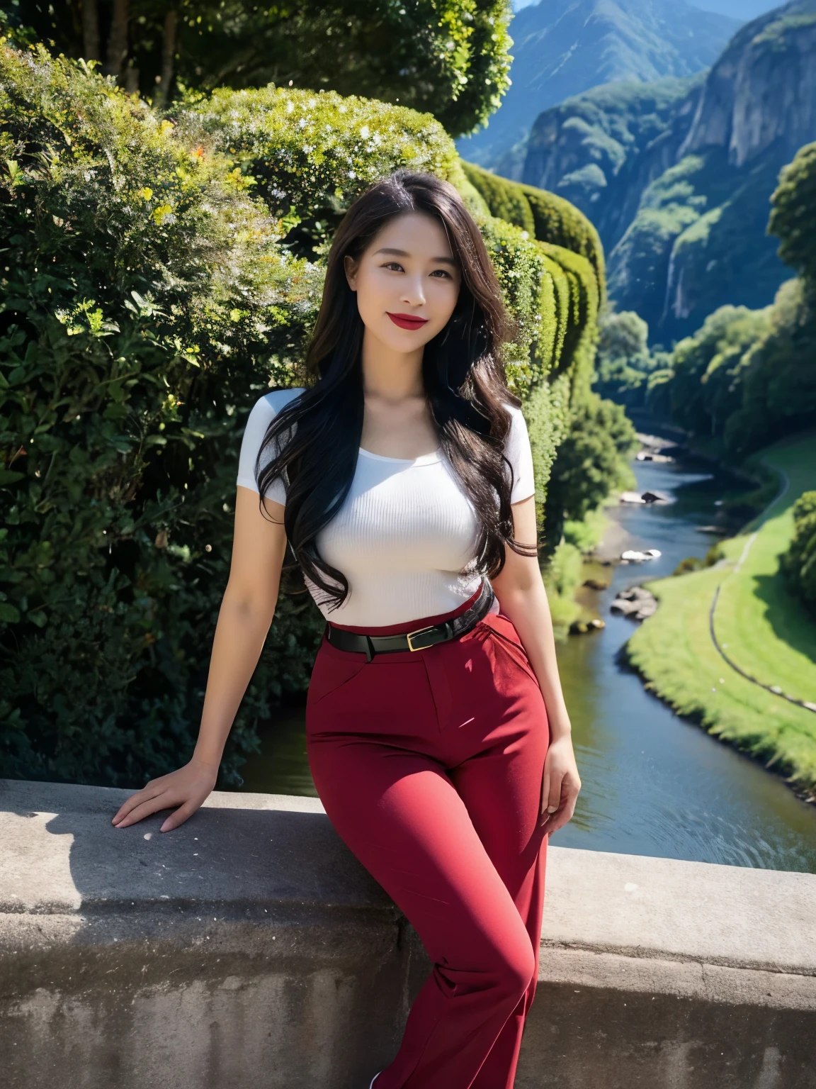 Correctly depict facial features，Red lipstick, From the chest up, Ultra Detailed，lifelike, Super delicate skin, perfect anatomy (Solitary)，casual pants，Short sleeve，Black belt，Long wavy hair，37-year-old female，Mature，Charming smile，Scenic spots，Standing，Leg length，Big breasts，stand up，full-body shot