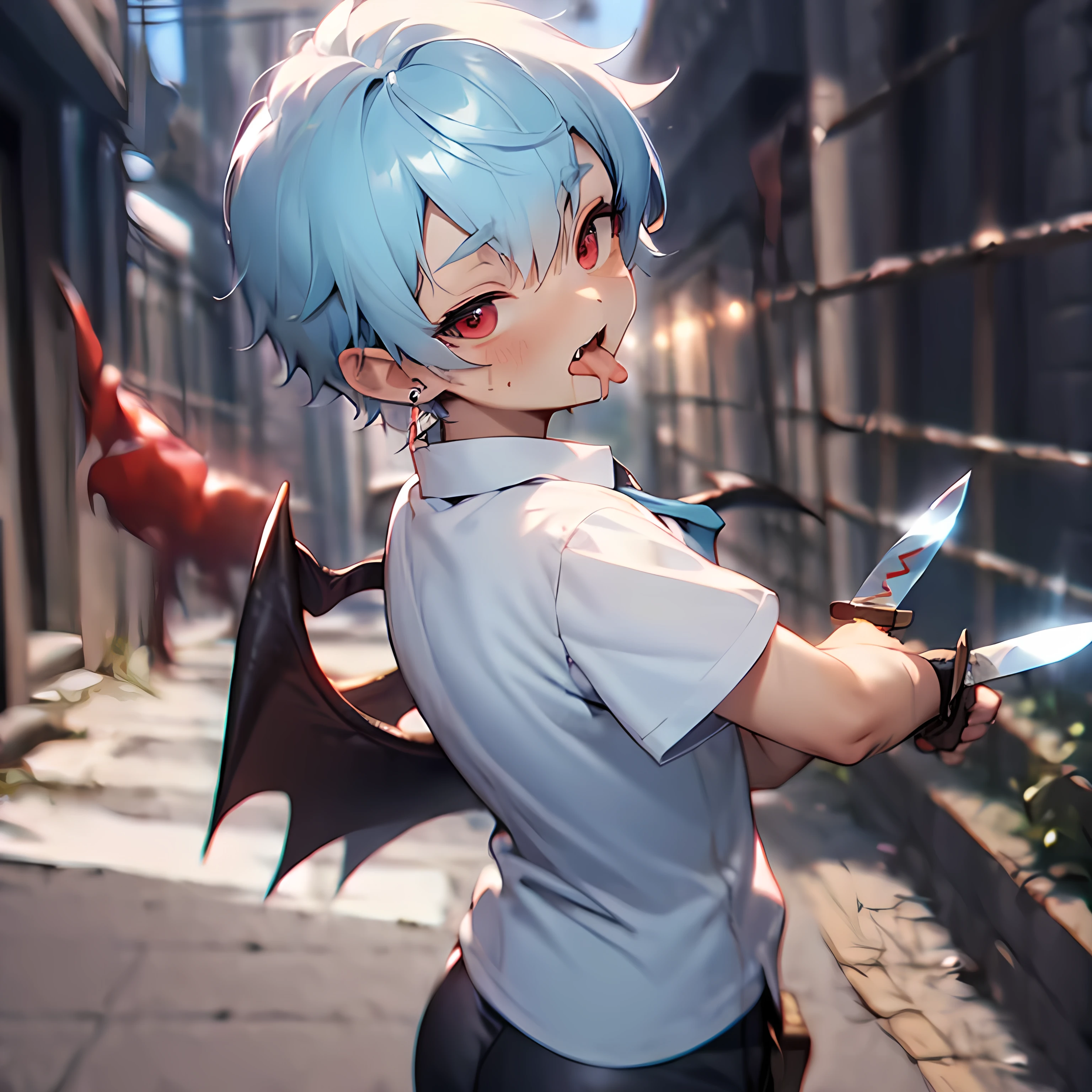 (boldline:-1.6), (arched back:1.3), (((fang))), (holding knife:1.5), (licking knife:1.5), BREAK (with devil wings on back:1.7), BREAK (best quality:1.5), (absolutely resolution:1.5), (ultra detailed:1.5), (masterpiece:1.5), (perfect face:1.5), (detailed face:1.3), (detailed eyes:1.5), (cute face), (shota:1.7), BREAK (white collard shirts), BREAK (wine red necktie), (black short pants), (see throgh wet clothes), (bulge:1.5), (skinny:1.3), (spiked hair), BREAK (light blue hair:1.5), (wine red eyes:1.4), (half close eyes:1.3), (eyes with high light), ((mole under eye)), (sweaty skin), (chuckling:1.3), (open mouth), (blush:1.2), ((earrings)), (shiny skin:1.3), BREAK (dirty alley:1.5), (((dust box))), (flying bat:1.3), (at night), ((wind blowing)), (nipple), wide angle, look down, look at viewer, upper body,