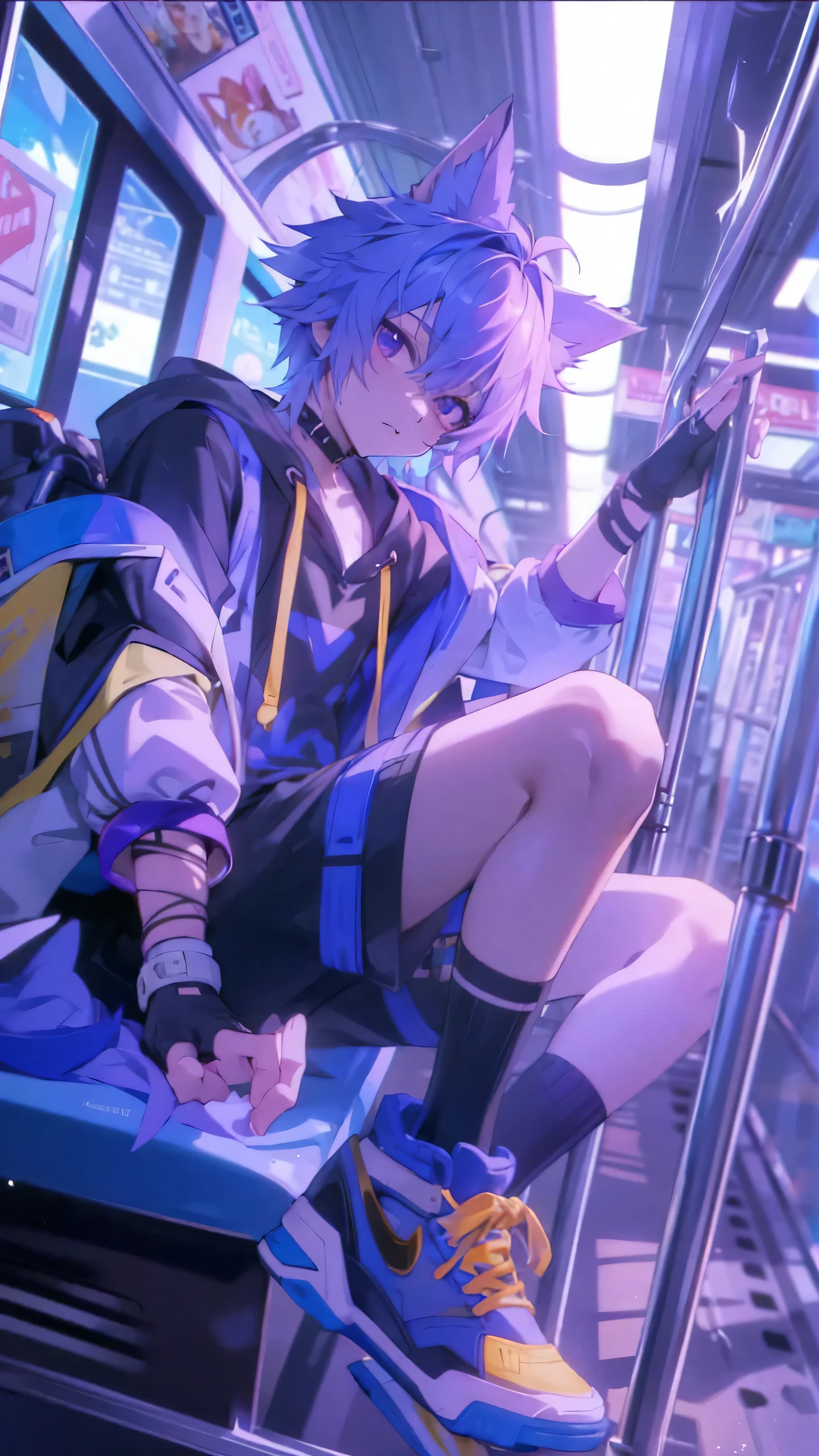 Anime male fox with purple hair, purple eyes, 13 years old, handsome teenager, wearing a black and white hoodie and shorts. 
