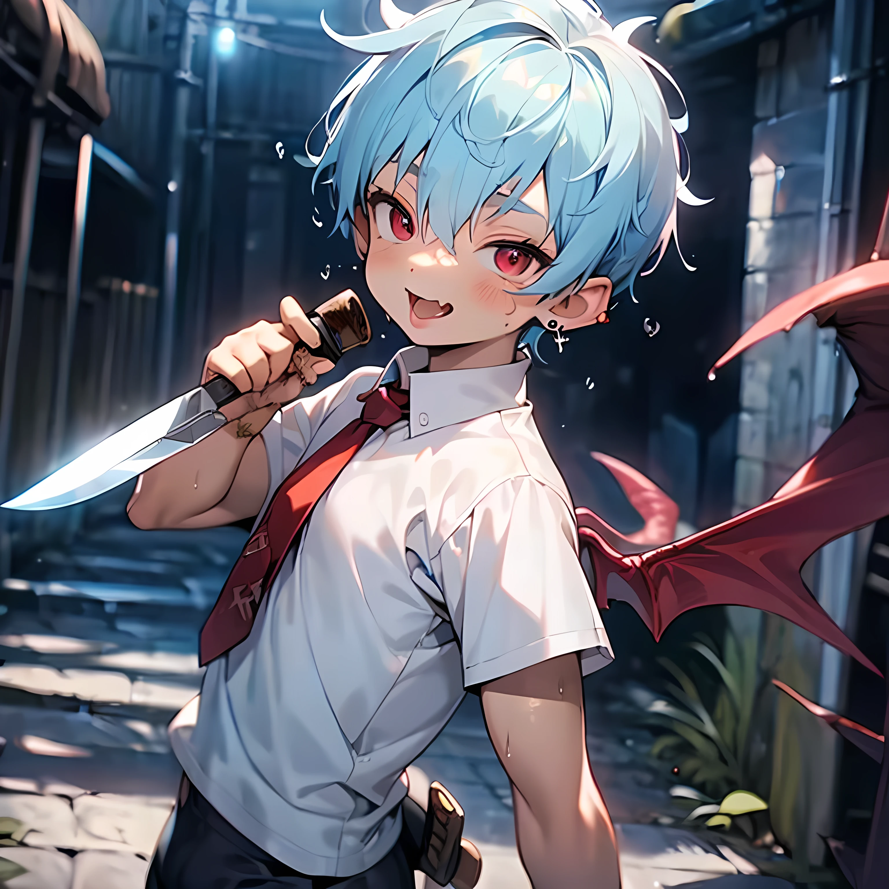 (boldline:-1.6), (arched back:1.3), (((fang))), (holding knife:1.5), (licking knife:1.5), BREAK (with devil wings on back:1.7), BREAK (best quality:1.5), (absolutely resolution:1.5), (ultra detailed:1.5), (masterpiece:1.5), (perfect face:1.5), (detailed face:1.3), (detailed eyes:1.5), (cute face), (shota:1.7), BREAK (white collard shirts), BREAK (wine red necktie), (black short pants), (see throgh wet clothes), (bulge:1.5), (skinny:1.3), (spiked hair), BREAK (light blue hair:1.5), (wine red eyes:1.4), (half close eyes:1.3), (eyes with high light), ((mole under eye)), (sweaty skin), (chuckling:1.3), (open mouth), (blush:1.2), ((earrings)), (shiny skin:1.3), BREAK (dirty alley:1.5), (((dust box))), (flying bat:1.3), (at night), ((wind blowing)), (nipple), wide angle, look down, look at viewer, upper body,