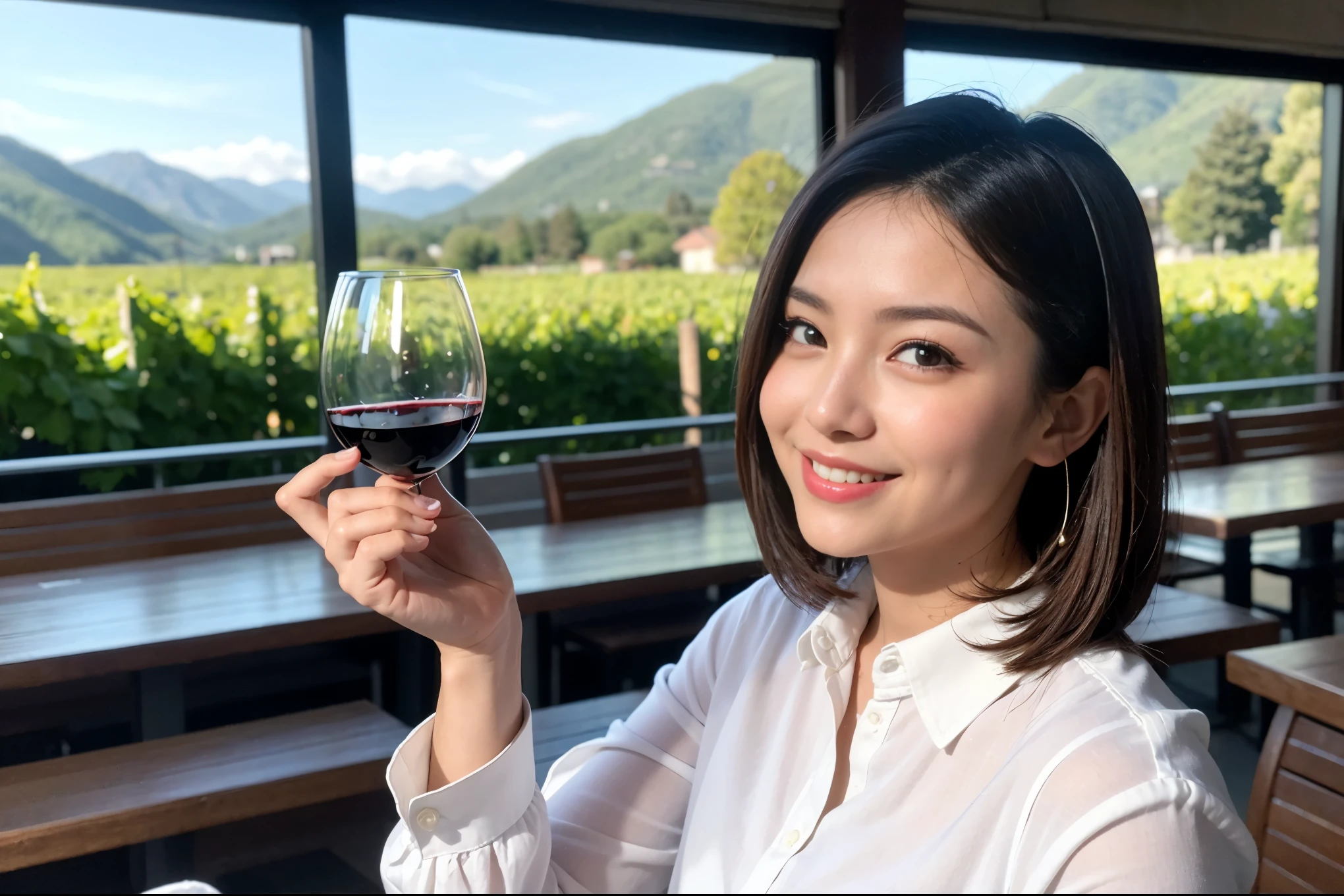 ((highest quality、8k、masterpiece:1.3))、1 male、1 woman who resembles Satomi Ishihara、Couple、Spouse、Couple、The body is slim、((Bob Hale、Straight hair:1.2)), (Realistic, Intricate details:1.2), テーブルの上のwine glass、Shine light on your face、 Amazing view of the sunset sky and clouds、Amazing mountain views、A bright smile、The wonderfulness of smile、Bright image、The beauty of wine, Beautiful Face, blue eyes, The light shines on your face, Blushing, short hair,Bright Face、 (42 years old), 39 years old, red wine 、Appetizers、Italian food、Wine bottle、Champagne、sparkling wine、Two beauties、Brown Hair、Shortcuts、Long sleeve shirt、dress、Pretty Woman 1, (slimな顔), (The body is slim), (Brown Hair), (Shortcuts), cheeks turn a little red,Attractive beauty、restaurant, In a prominent place (From the waist up) Nova Frog Style, actress, model, Upper Body, White wine, slim, wine glass, 中央に置かれたwine glass, smile, (smile: 1.15), Beautiful fine grain, Depth f/2,saturation, High Contrast, Strong light and shadow,Moist Body:1.5、3D texture、Delicate eyes、Brown Hair、The hair is very shiny、