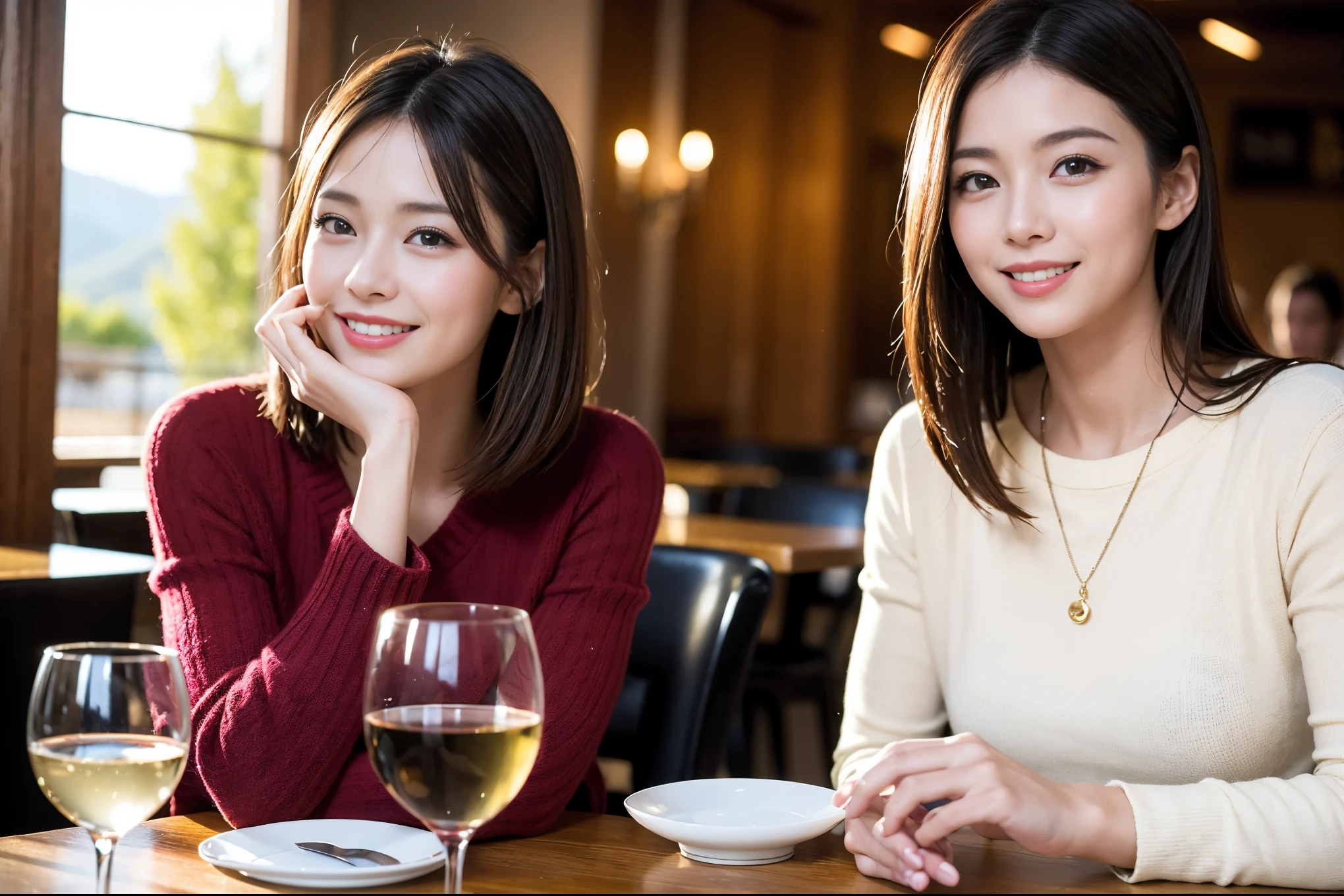 ((highest quality、8k、masterpiece:1.3))、1 male、1 woman who resembles Satomi Ishihara、Couple、Spouse、Couple、The body is slim、((Bob Hale、Straight hair:1.2)), (Realistic, Intricate details:1.2), テーブルの上のwine glass、Shine light on your face、 Amazing view of the sunset sky and clouds、Amazing mountain views、A bright smile、The wonderfulness of smile、Bright image、The beauty of wine, Beautiful Face, blue eyes, The light shines on your face, Blushing, short hair,Bright Face、 (42 years old), 39 years old, red wine 、Appetizers、Italian food、Wine bottle、Champagne、sparkling wine、Two beauties、Brown Hair、Shortcuts、Long sleeve shirt、dress、Pretty Woman 1, (slimな顔), (The body is slim), (Brown Hair), (Shortcuts), cheeks turn a little red,Attractive beauty、restaurant, In a prominent place (From the waist up) Nova Frog Style, actress, model, Upper Body, White wine, slim, wine glass, 中央に置かれたwine glass, smile, (smile: 1.15), Beautiful fine grain, Depth f/2,saturation, High Contrast, Strong light and shadow,Moist Body:1.5、3D texture、Delicate eyes、Brown Hair、The hair is very shiny、