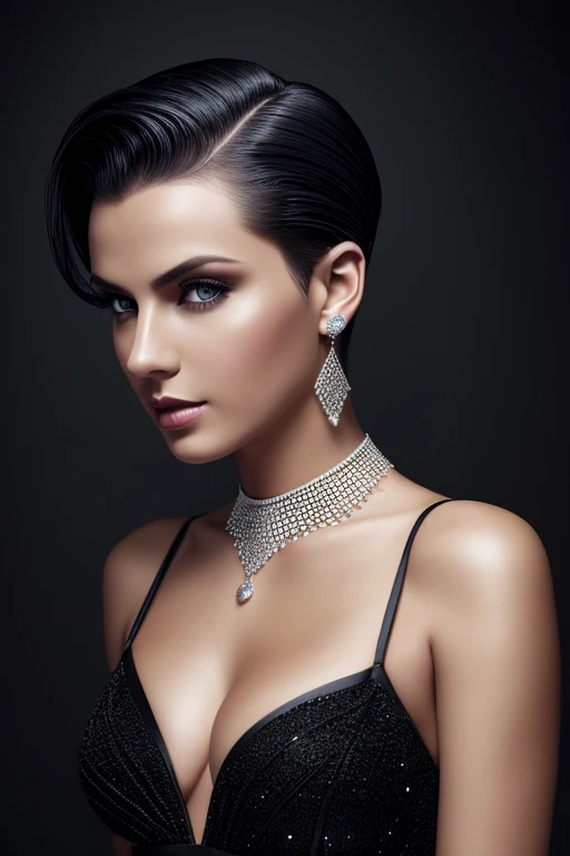 Gorgeous european woman with short 50s pinup hair, wet hair, hair slicked back, combed straight back, slick hair, black gradient hair, dressed as a princess, cleavage, jewelry, solid dark grey background