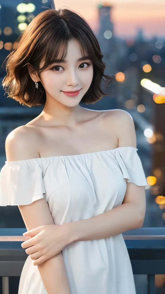 highest quality, Upper body photo, Delicate face, Cute Face, 20-year-old woman, Slim figure, Large Bust,Korean Beauty、Off-the-shoulder white nightgown、Please stand up straight、smile、Perfect Face、Perfect body line、Professional fashion model、New York night view、Blur the background、Short Hairstyles、((((Upper body photo))))