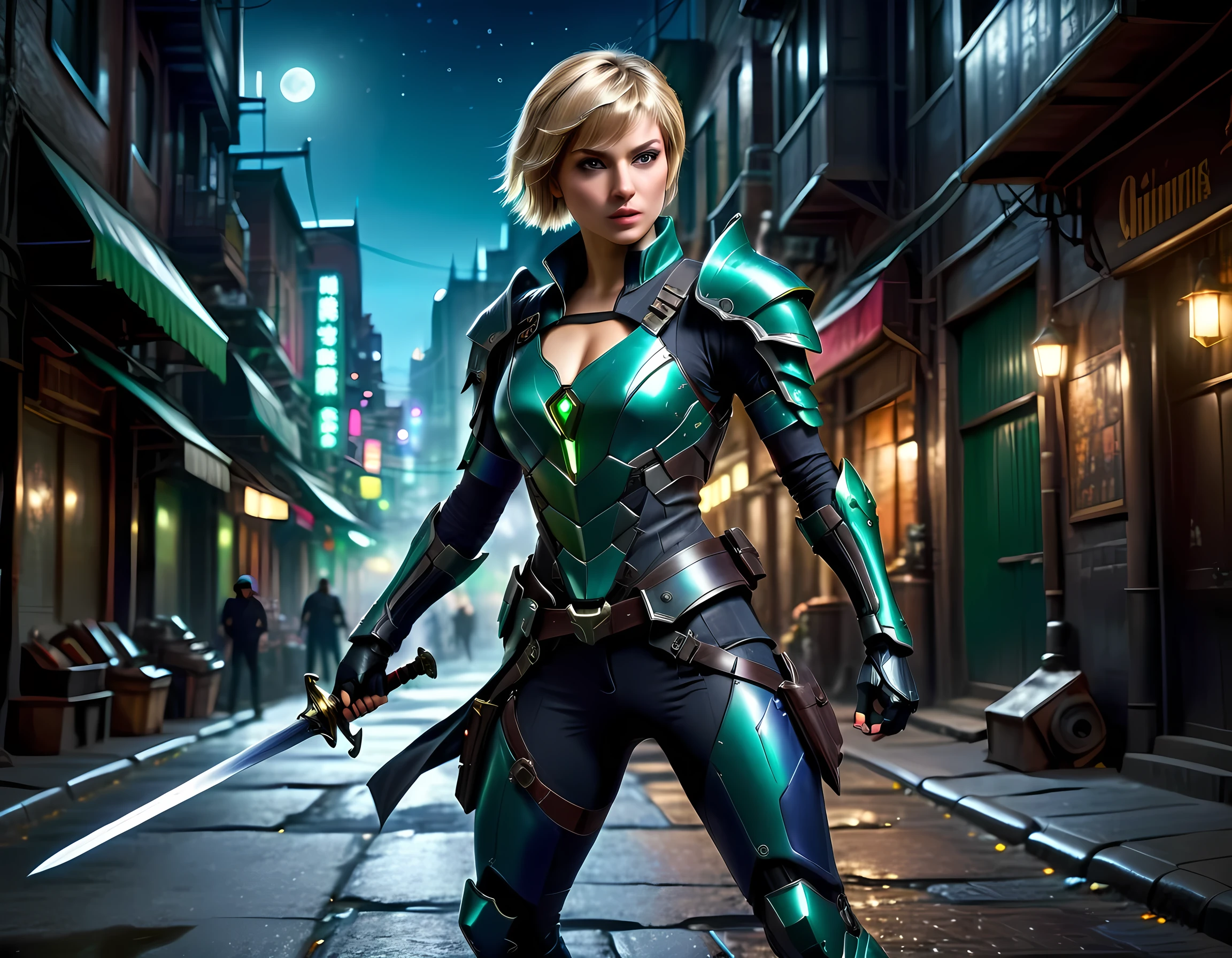 high details, best quality, 16k, [ultra detailed], masterpiece, best quality, (extremely detailed), full body, ultra wide shot, photorealistic, a picture of a woman assassin ready to combat in a dark alley, she holds a sword in hand, exquisite beautiful woman, she has pixie cut blond hair, emerald green eyes, she wears a (blue: 1.3) tight leather suit, the suit has mecha gadgets, dynamic color suit, she kneels in fantasy dark street of fantasy setting city, its night time, the moon is high in the sky, many stars in the night, high details, best quality, highres, ultra wide angle, DonMN1gh7XL, cybrk